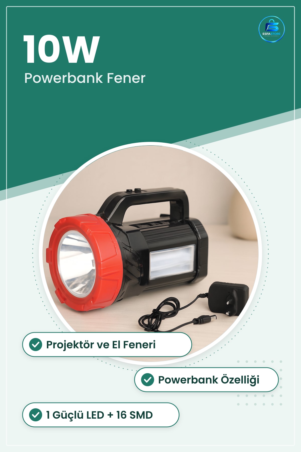 El Feneri Şarjlı 2in1 Projektör Powerbank 10W Taşınabilir Çok Amaçlı Kamp Outdoor Acil Durum Işığı