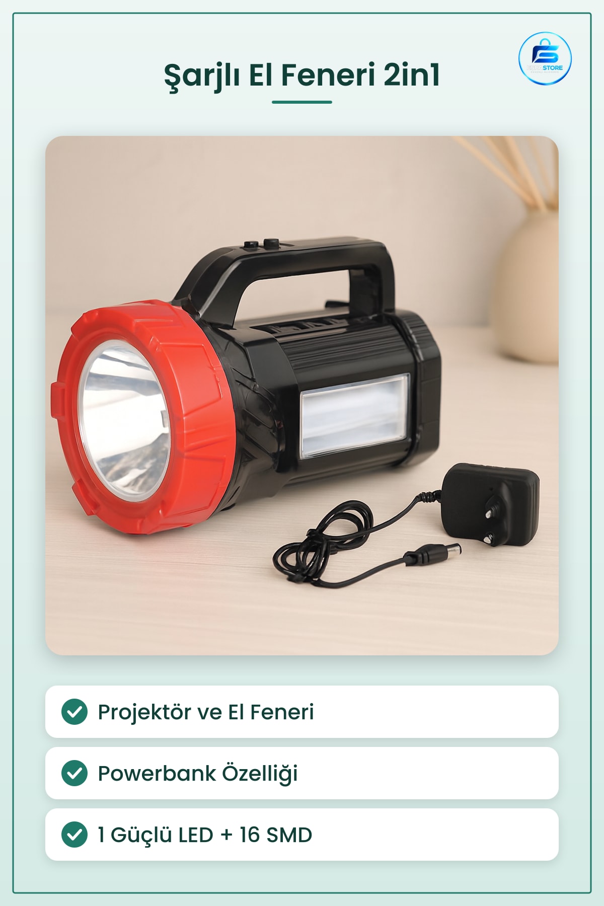 El Feneri Şarjlı 2in1 Projektör Powerbank 10W Taşınabilir Çok Amaçlı Kamp Outdoor Acil Durum Işığı