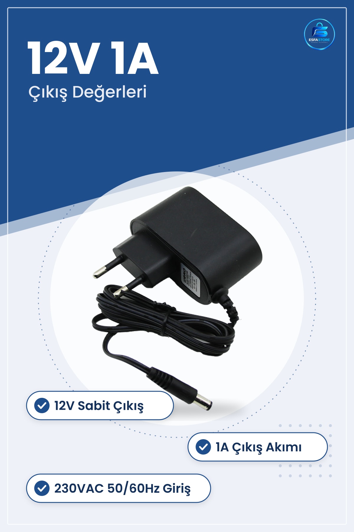 Şarj Adaptörü 12V 1A AC/DC Fişi 230VAC /60Hz Kararlı Çıkış Router Kamera LED Güç Kaynağı