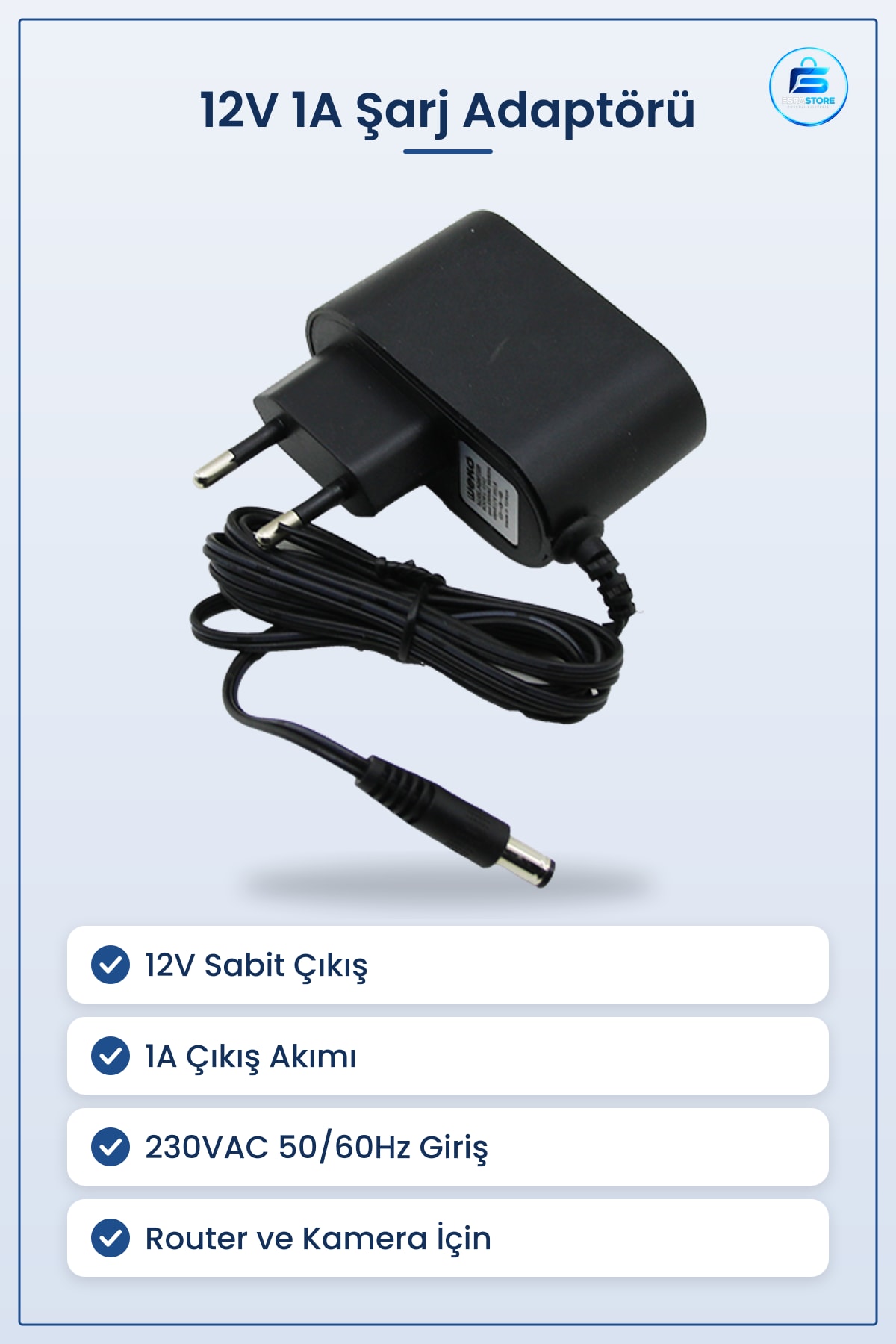 Şarj Adaptörü 12V 1A AC/DC Fişi 230VAC /60Hz Kararlı Çıkış Router Kamera LED Güç Kaynağı