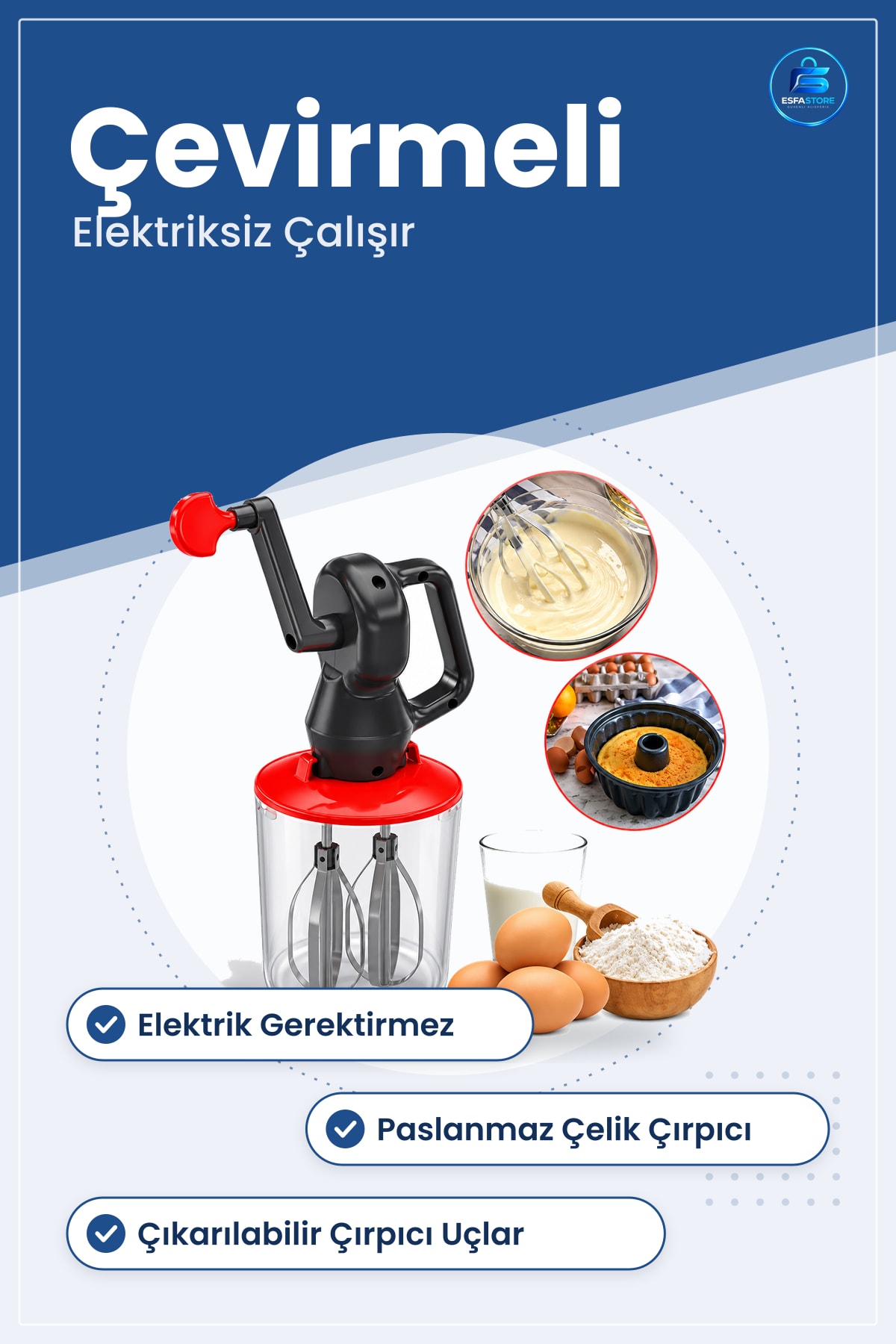 Hazneli Çevirmeli El Mikseri Mutfak İçin Paslanmaz Çelik Çırpıcılı Kek Hamur Krema Hazırlama