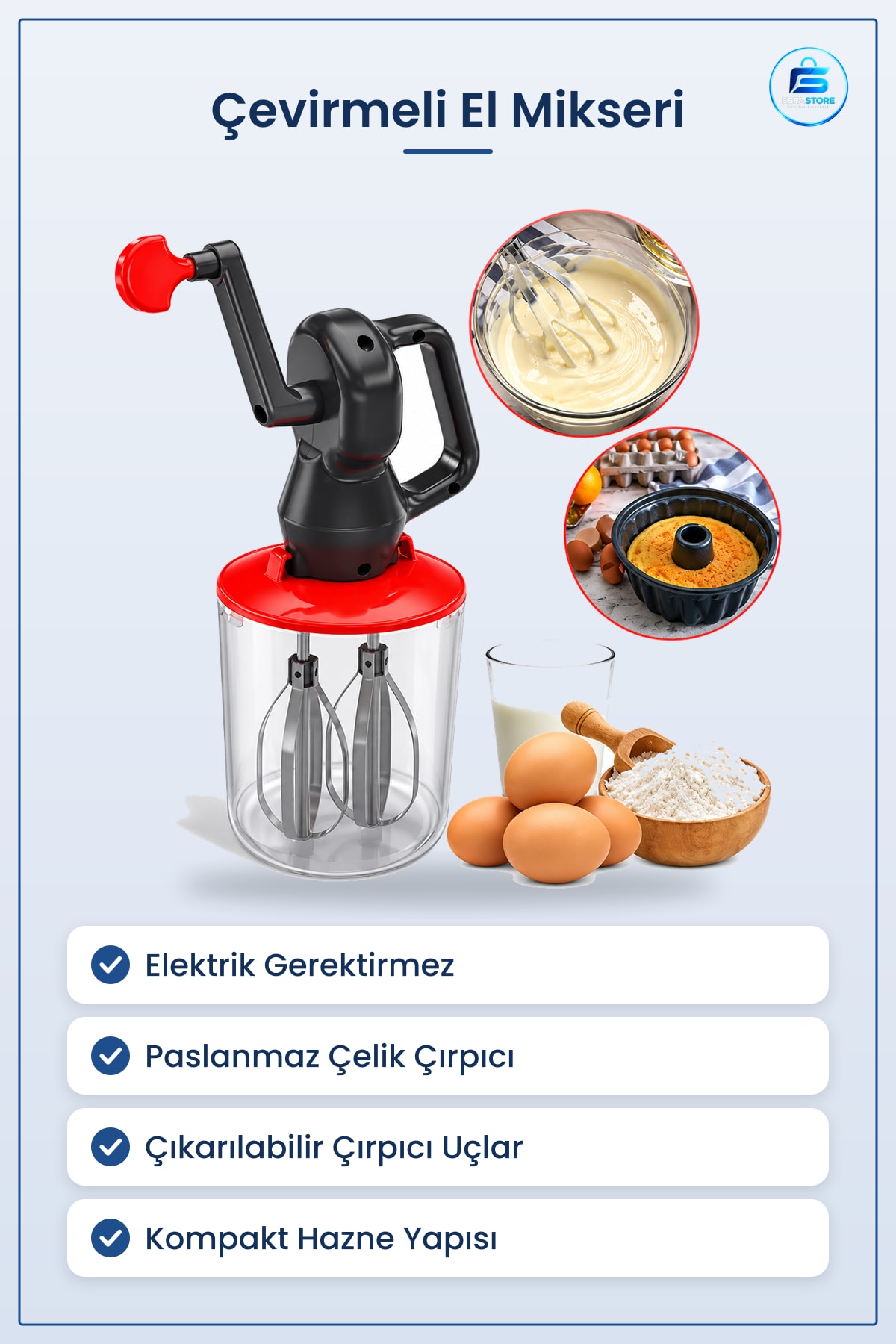 Hazneli Çevirmeli El Mikseri Mutfak İçin Paslanmaz Çelik Çırpıcılı Kek Hamur Krema Hazırlama