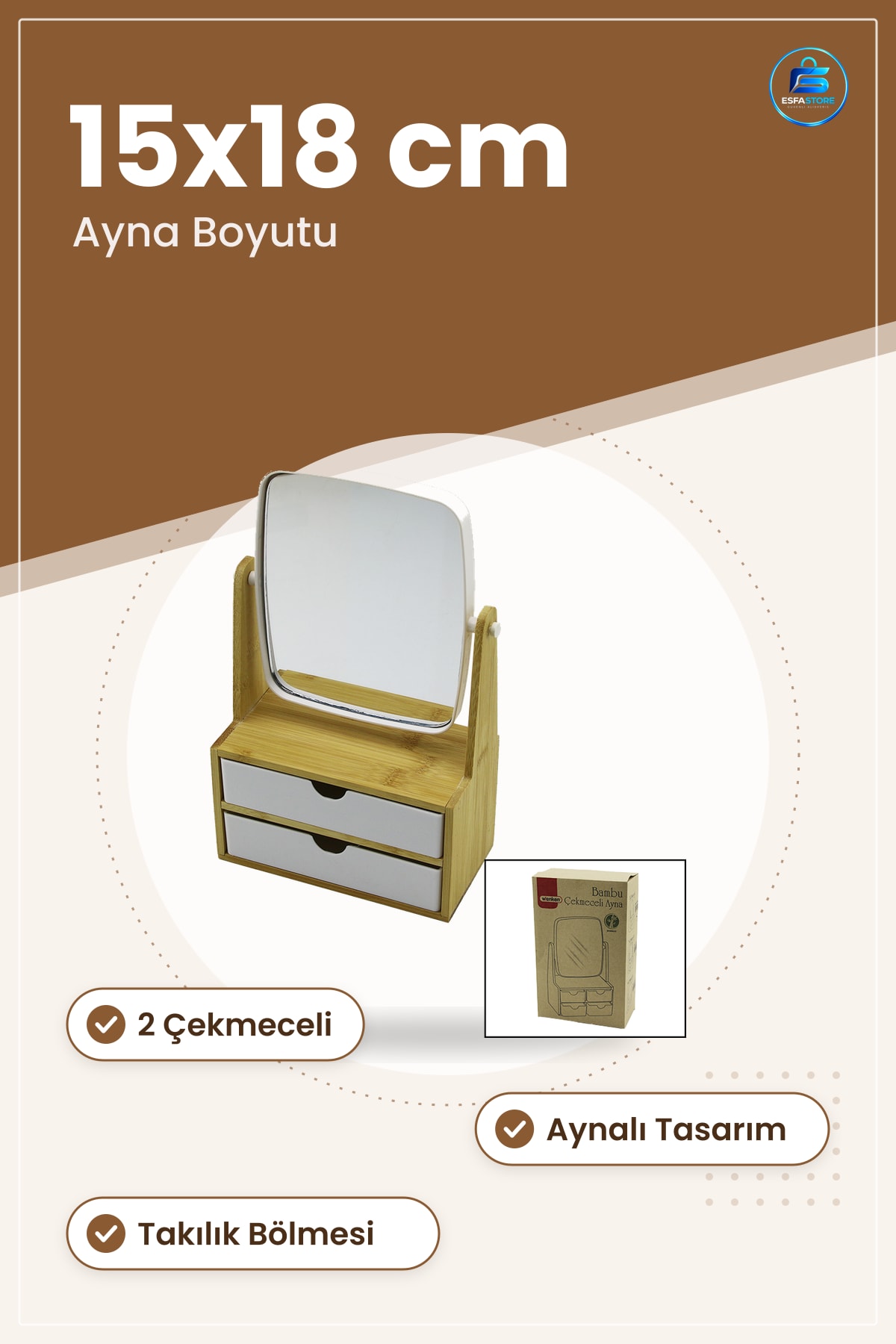 Makyaj Organizeri Bambu 2 Çekmeceli Aynalı Takılıklı Takı ve Kozmetik Düzenleyici Ahşap