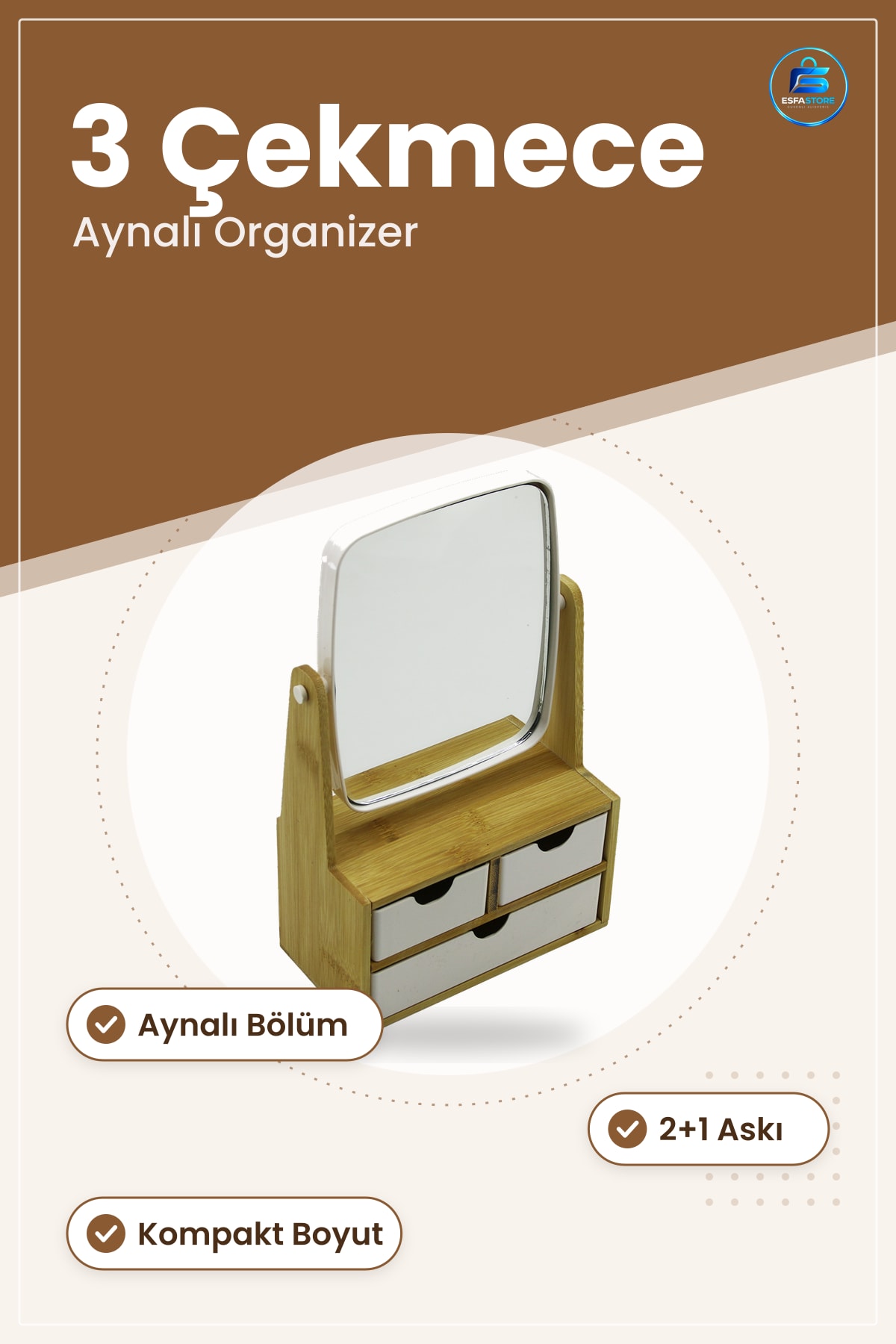 Bambu Makyaj Organizeri 3 Çekmeceli Aynalı Askılı Masaüstü Düzenleyici Kozmetik Standı Ahşap