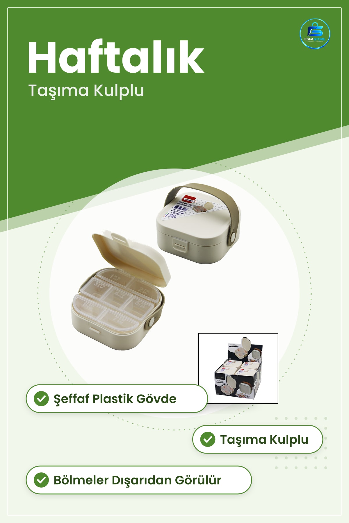 Hap Saklama Kutusu Şeffaf Taşıma Kulplu Haftalık Taşınabilir Hap Düzenleyici Seyahat