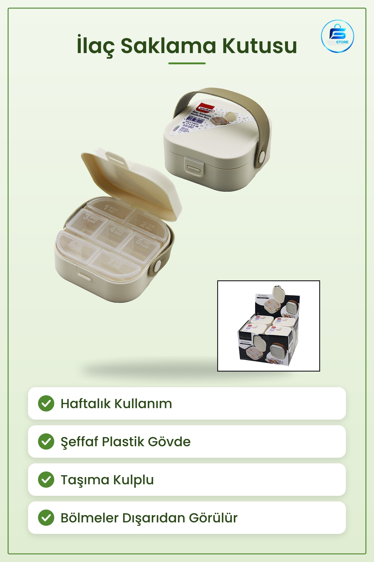 Hap Saklama Kutusu Şeffaf Taşıma Kulplu Haftalık Taşınabilir Hap Düzenleyici Seyahat