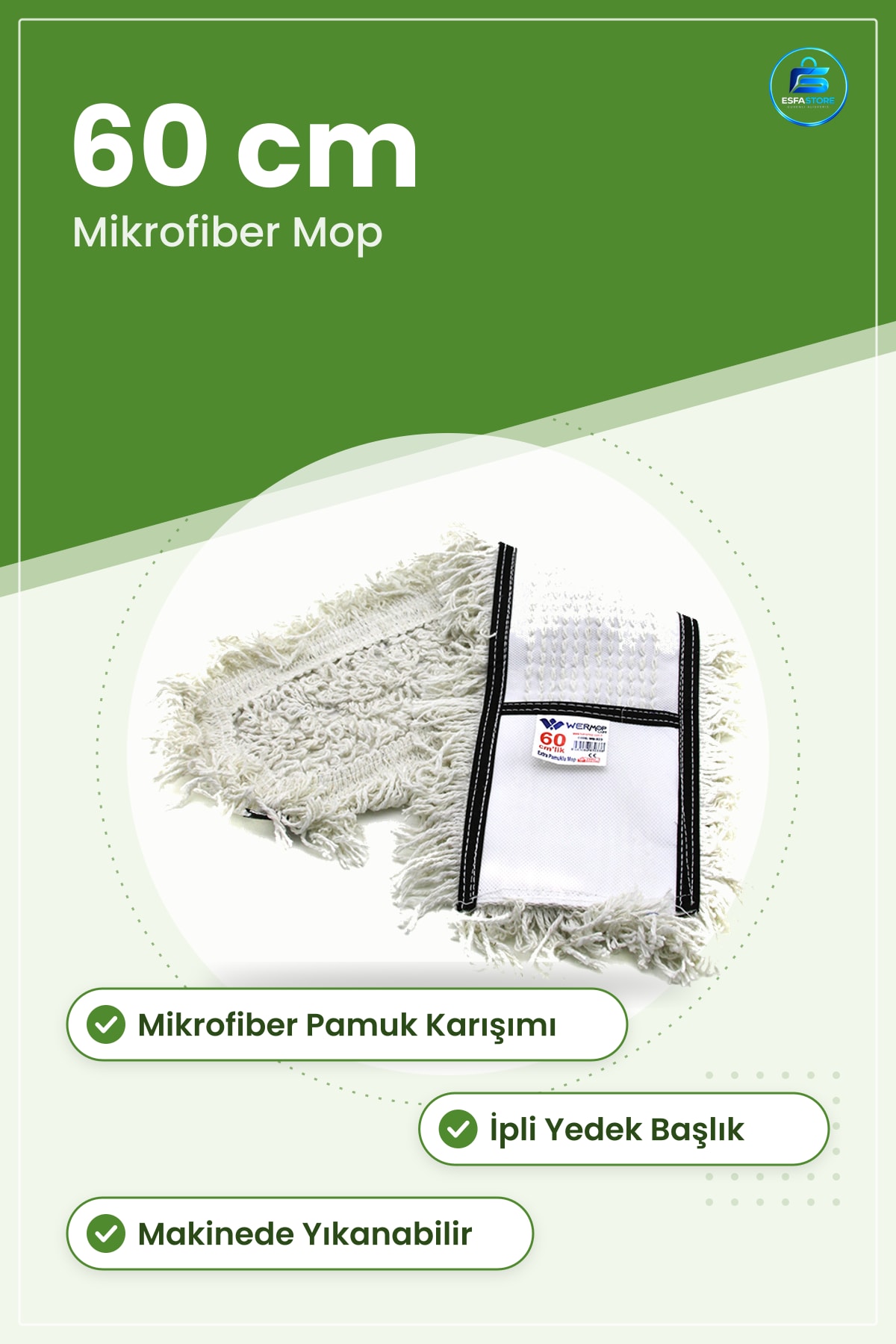 Nemli Mop Yedek İpli Paspas 60 cm Mikrofiber Pamuk Karışımı Sert Zemin Temizlik Kolay Bakım