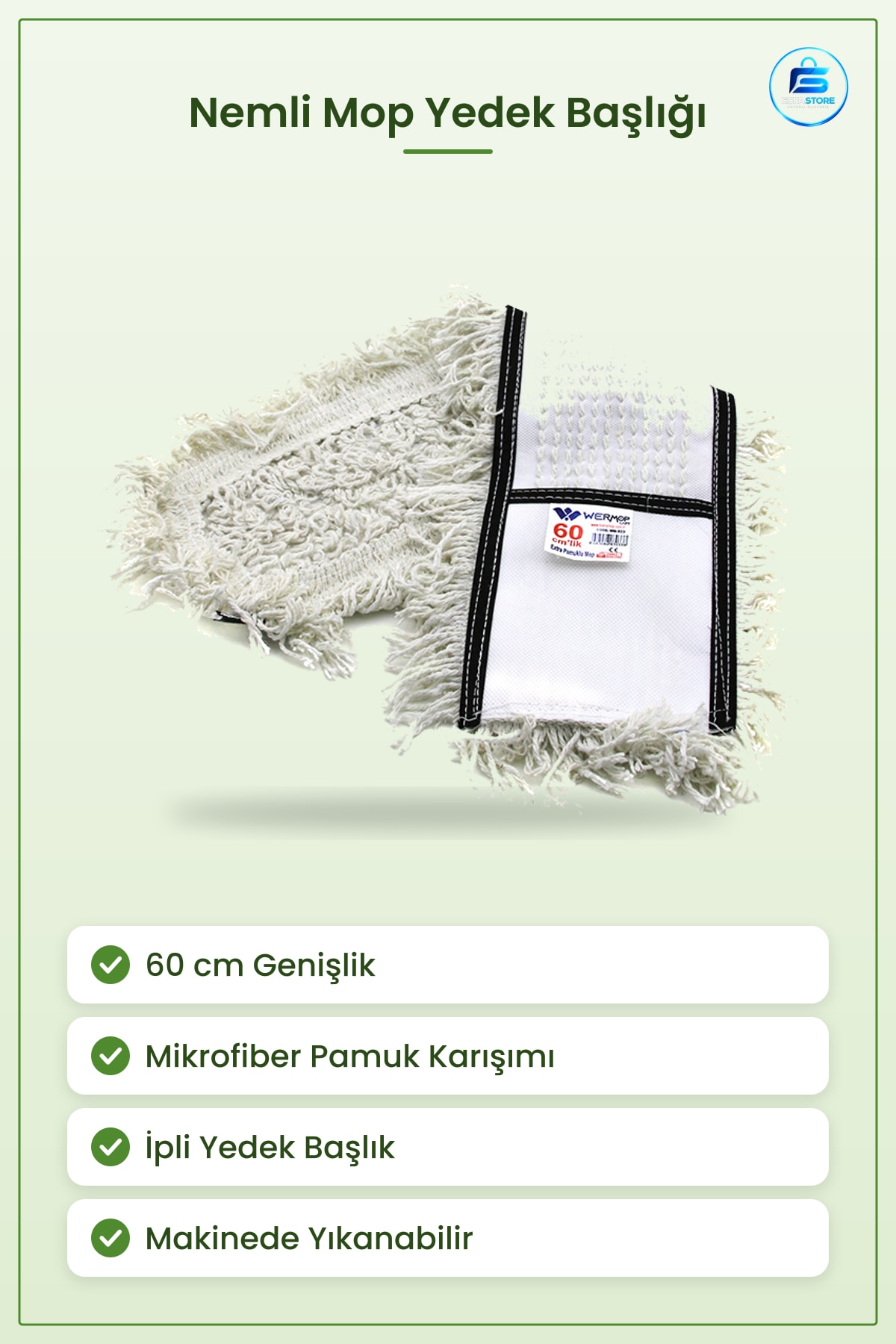 Nemli Mop Yedek İpli Paspas 60 cm Mikrofiber Pamuk Karışımı Sert Zemin Temizlik Kolay Bakım