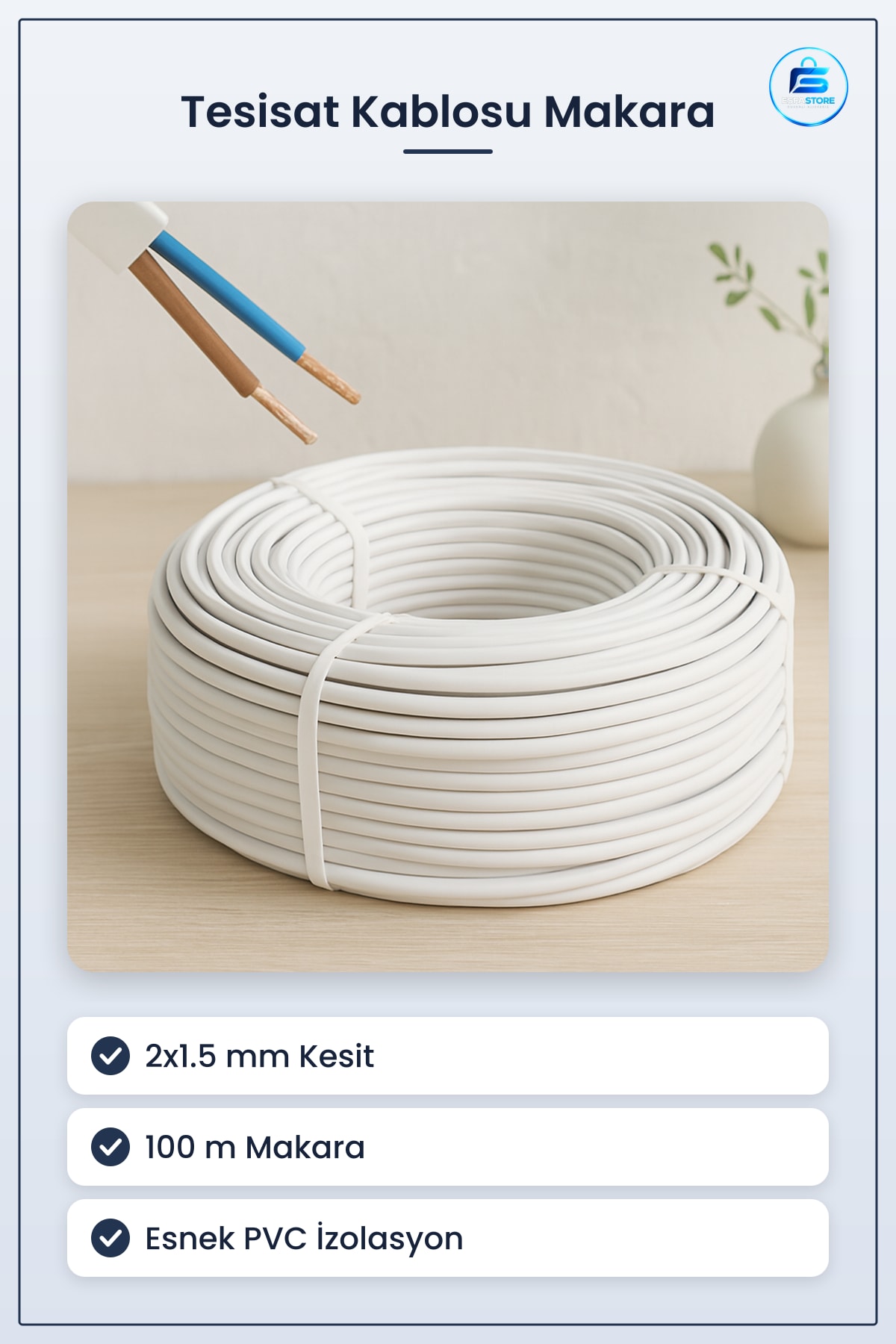 Elektrik Tesisat Kablosu 2x1.5 mm TTR CCA Bakır Kaplı Alüminyum 100 m Makara Esnek PVC İzole