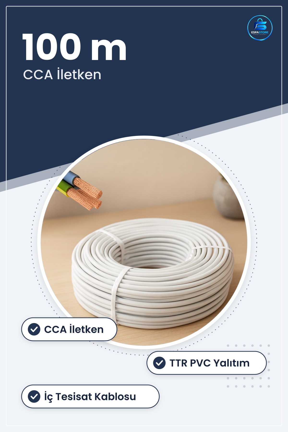 Elektrik Kablosu ² CCA TTR 100 m Ev ve Ofis İç Tesisat Aydınlatma Priz Hattı Kullanışlı