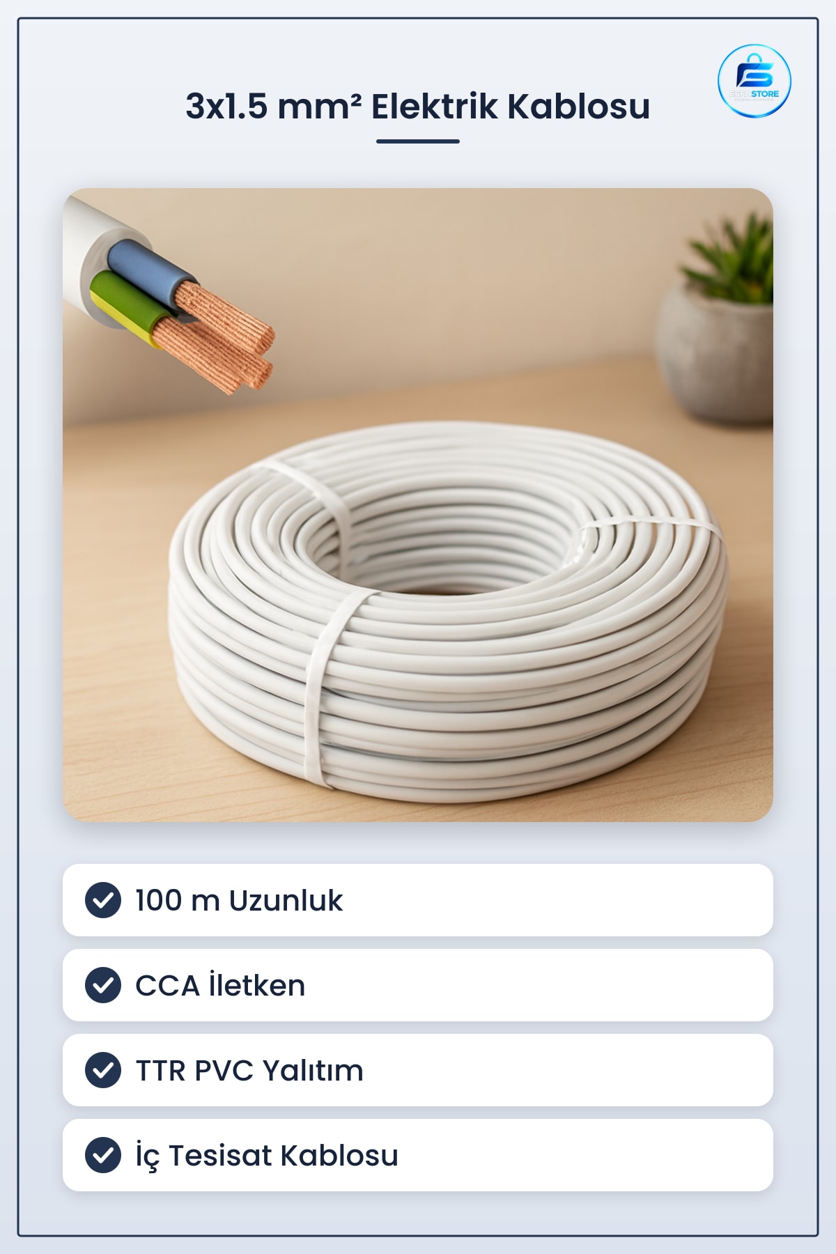 Elektrik Kablosu ² CCA TTR 100 m Ev ve Ofis İç Tesisat Aydınlatma Priz Hattı Kullanışlı