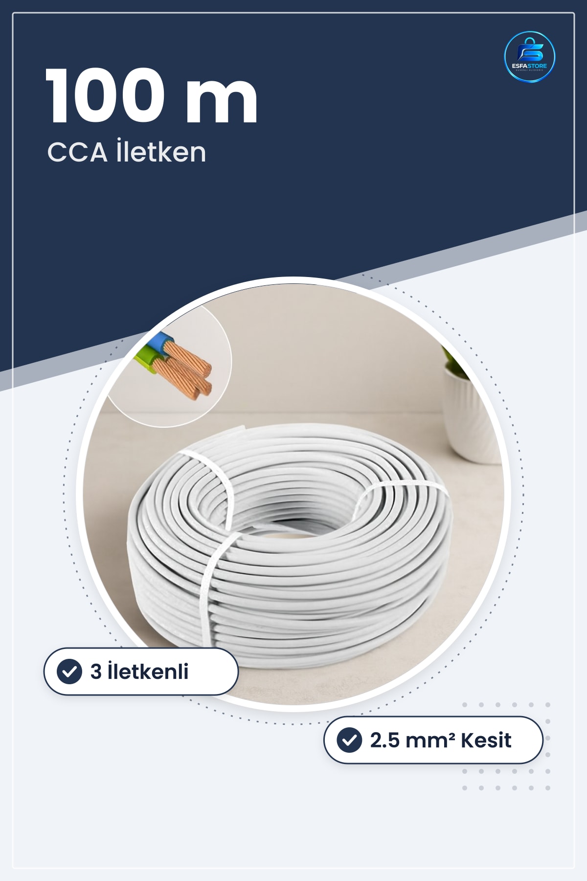 Elektrik Tesisat Kablosu TTR 3x2.5 mm CCA 100 m 3 İletkenli Ev Priz Aydınlatma Hafif Alüminyum