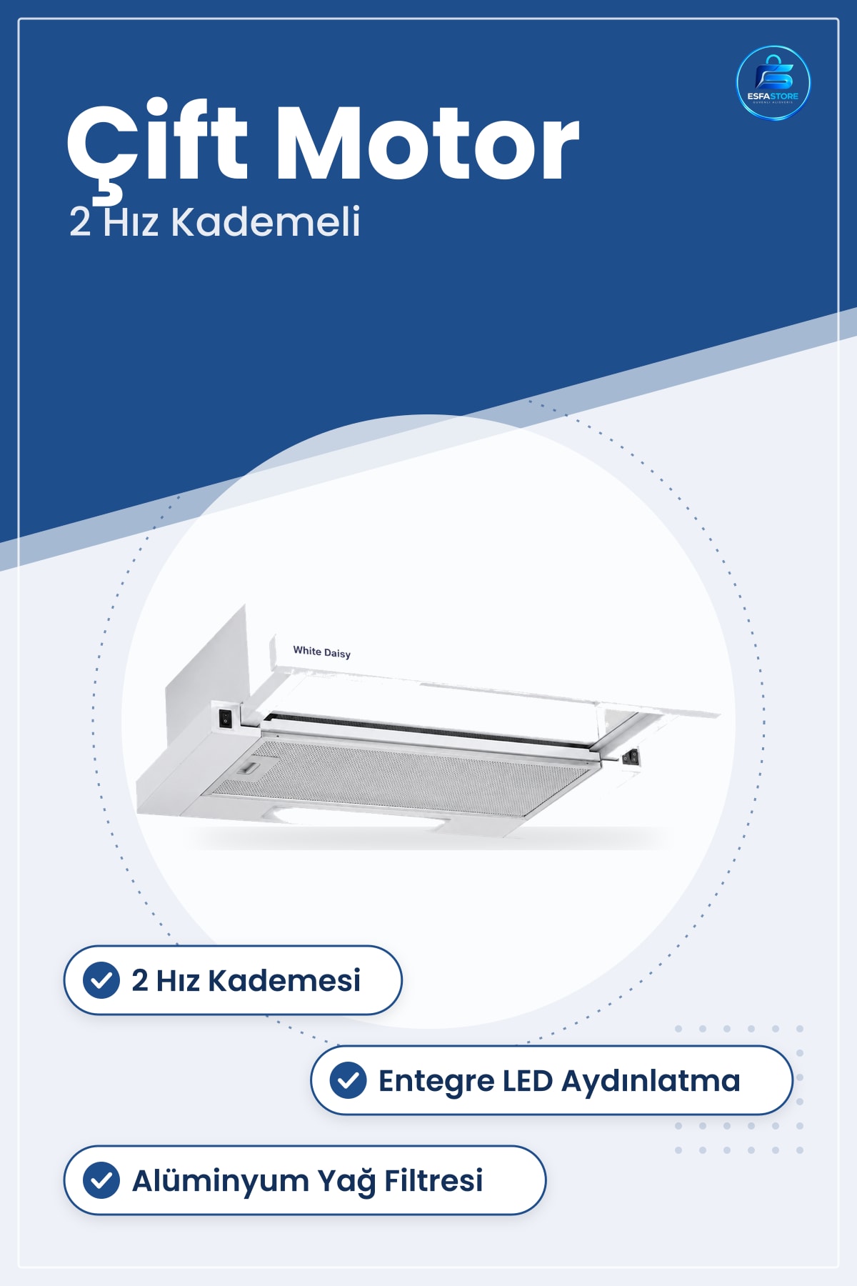Beyaz Mutfak Aspiratör Çift Motorlu LED 2 Hız Alüminyum Yağ Filtreli Ocak Üstü Duman Emici