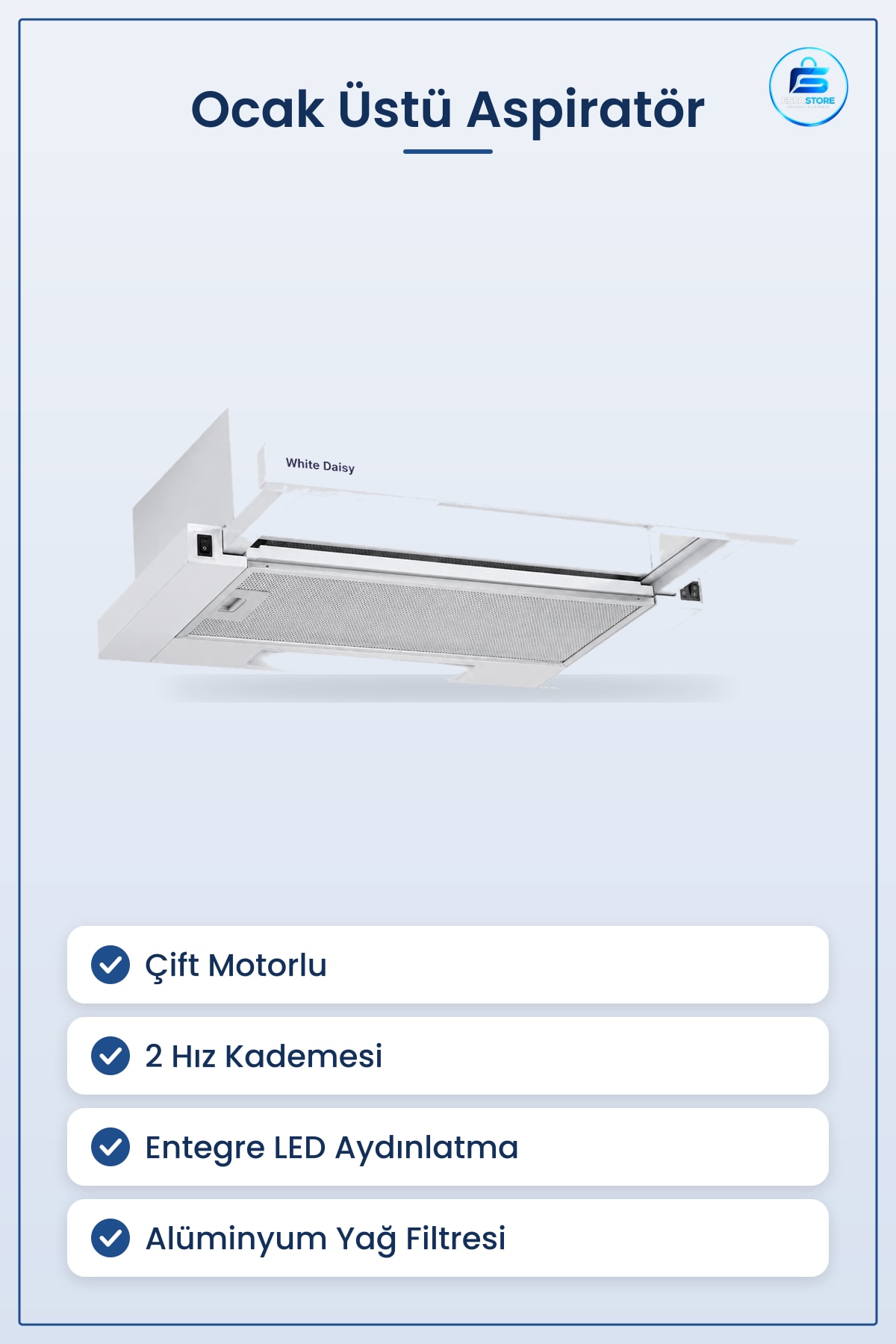 Beyaz Mutfak Aspiratör Çift Motorlu LED 2 Hız Alüminyum Yağ Filtreli Ocak Üstü Duman Emici