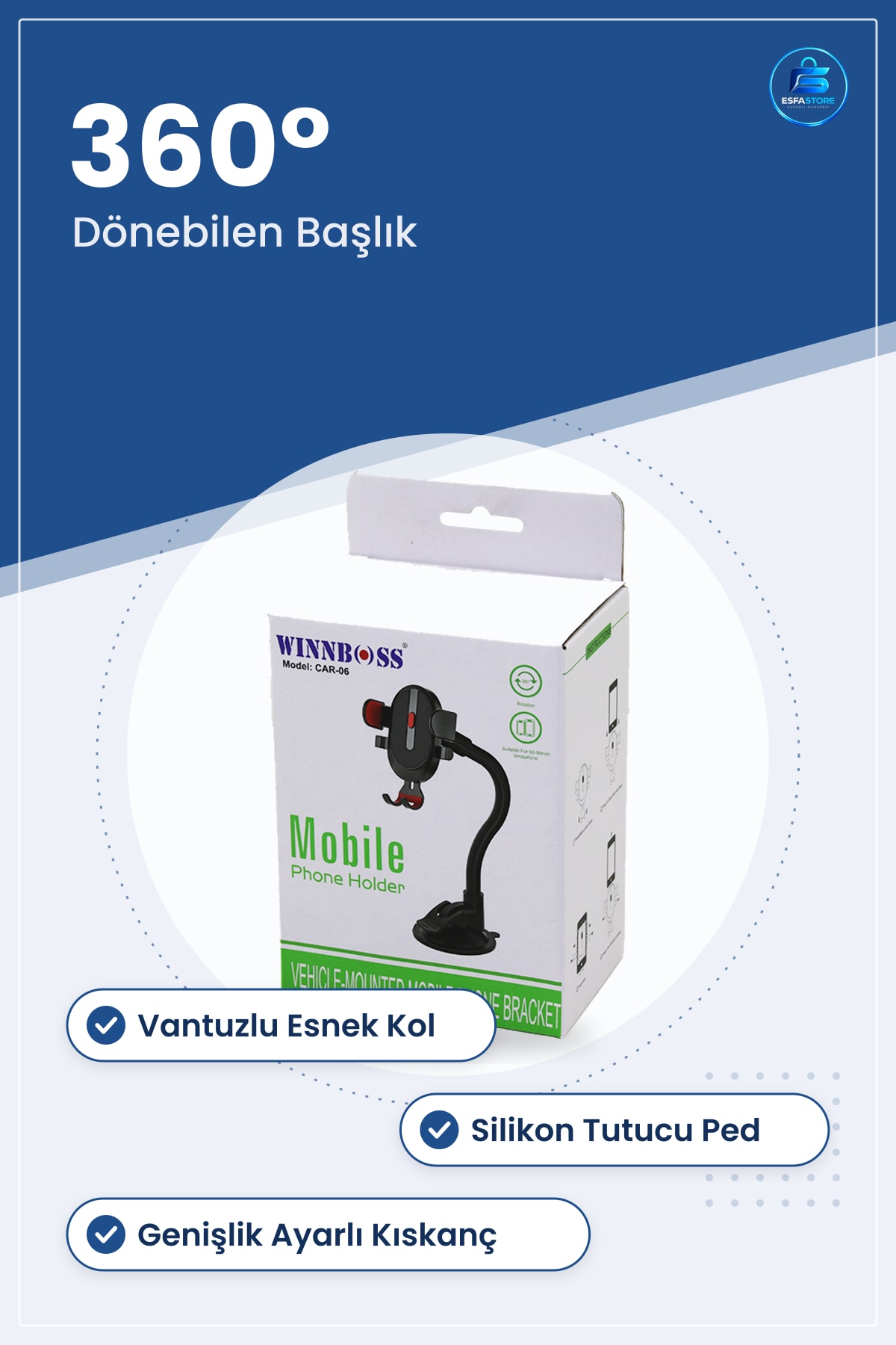 Araç Telefon Tutucu ° Vantuzlu Ayarlı Esnek Kollu Cam Gösterge Paneli Kıskacı Silikon Pedli