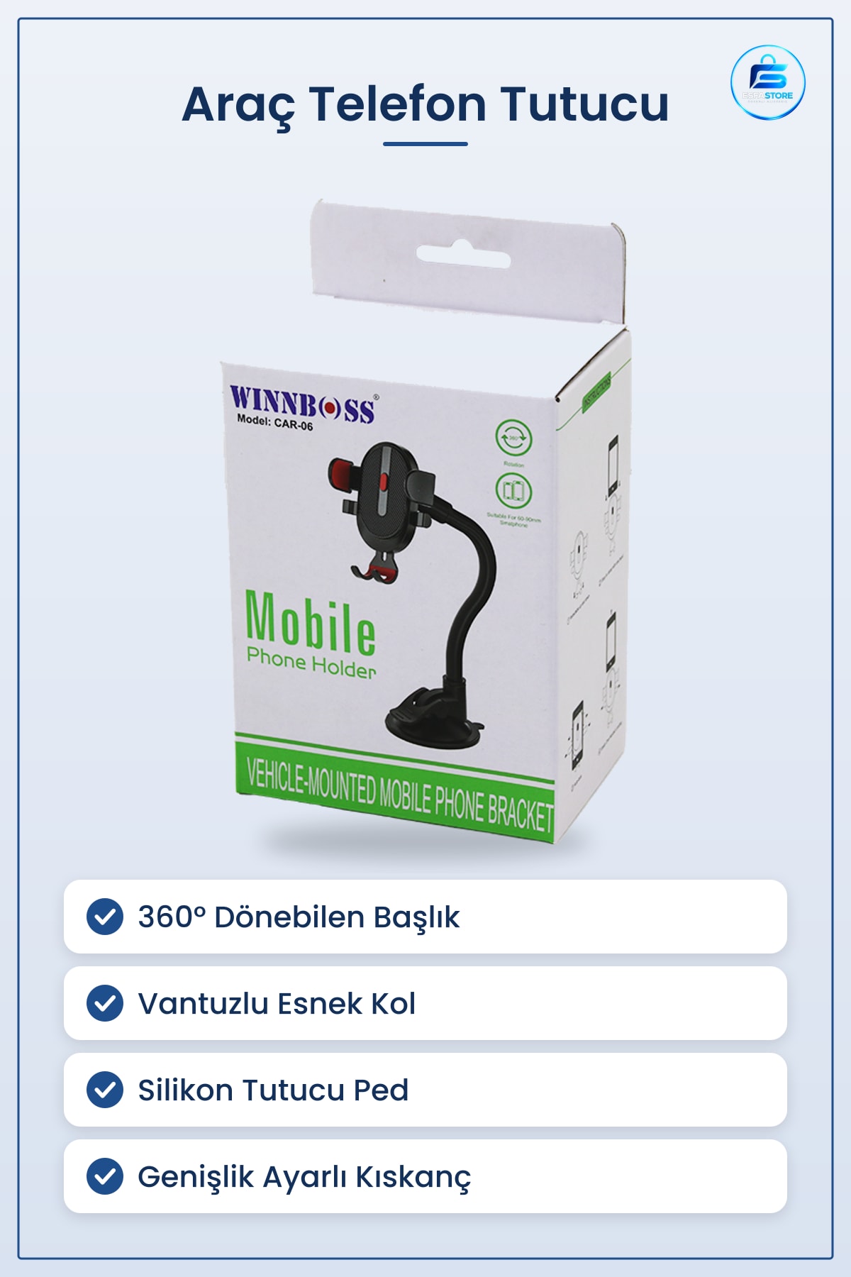 Araç Telefon Tutucu ° Vantuzlu Ayarlı Esnek Kollu Cam Gösterge Paneli Kıskacı Silikon Pedli