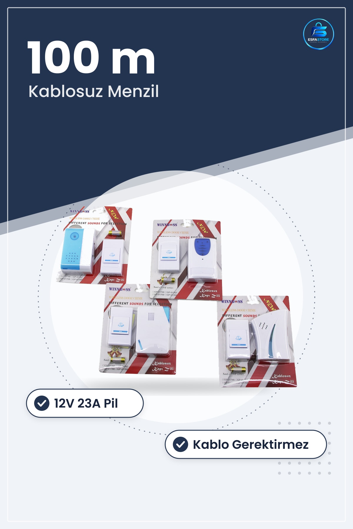 Kapı Zili Kablosuz 100 m Menzil 12V 23A Pilli Kablo Gerektirmeyen Ev İşyeri Dış Mekan Bildirim