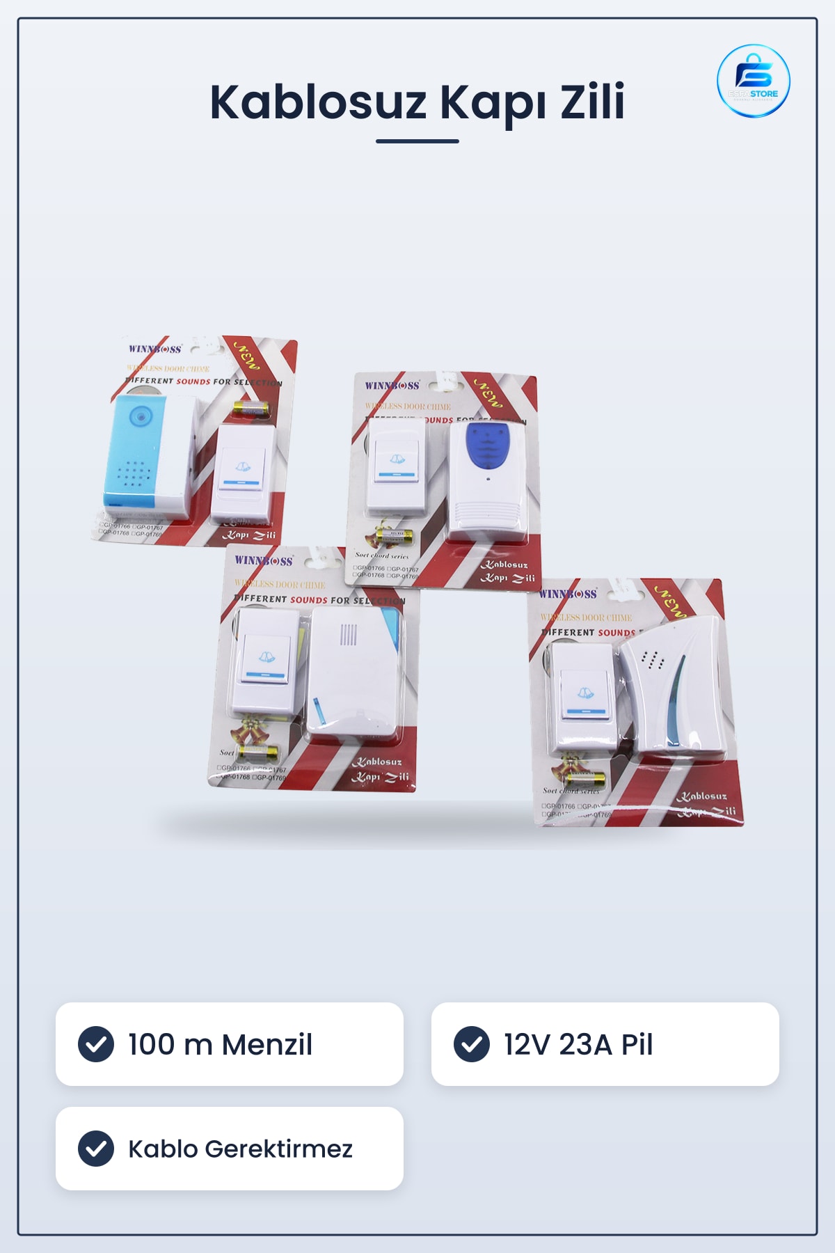 Kapı Zili Kablosuz 100 m Menzil 12V 23A Pilli Kablo Gerektirmeyen Ev İşyeri Dış Mekan Bildirim
