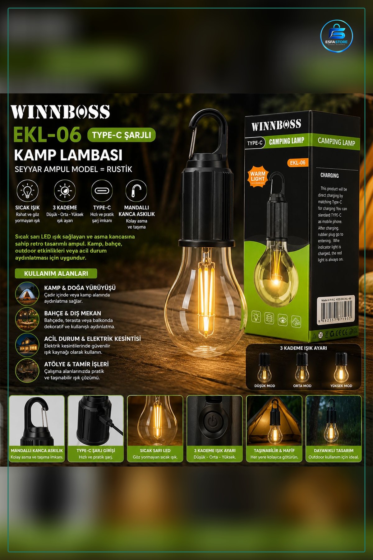 Kamp Lambası USB Şarjlı 3 Kademe Mandallı Askılı Rustik LED Asılabilir Çadır Bahçe Aydınlatma