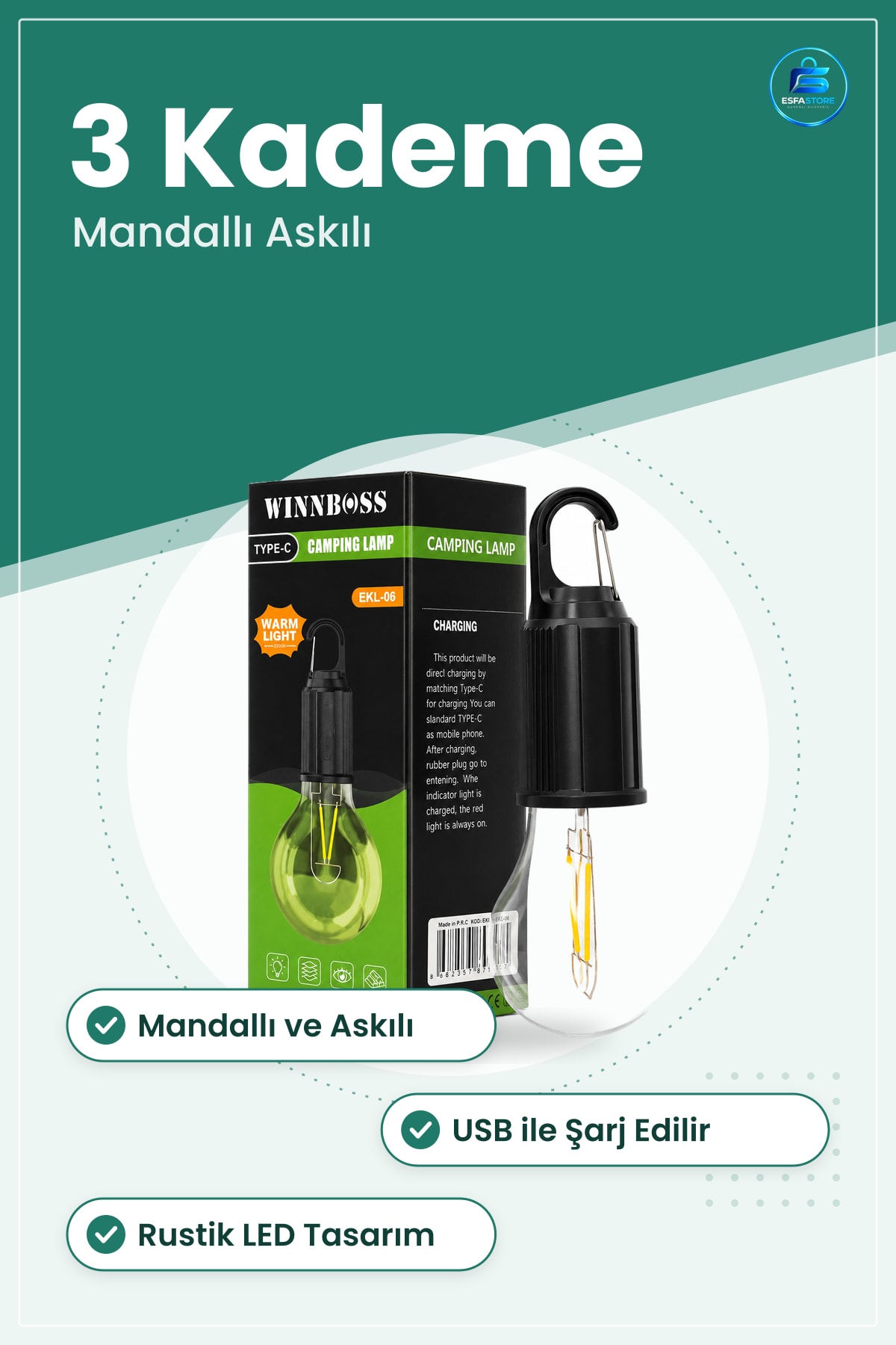 Kamp Lambası USB Şarjlı 3 Kademe Mandallı Askılı Rustik LED Asılabilir Çadır Bahçe Aydınlatma