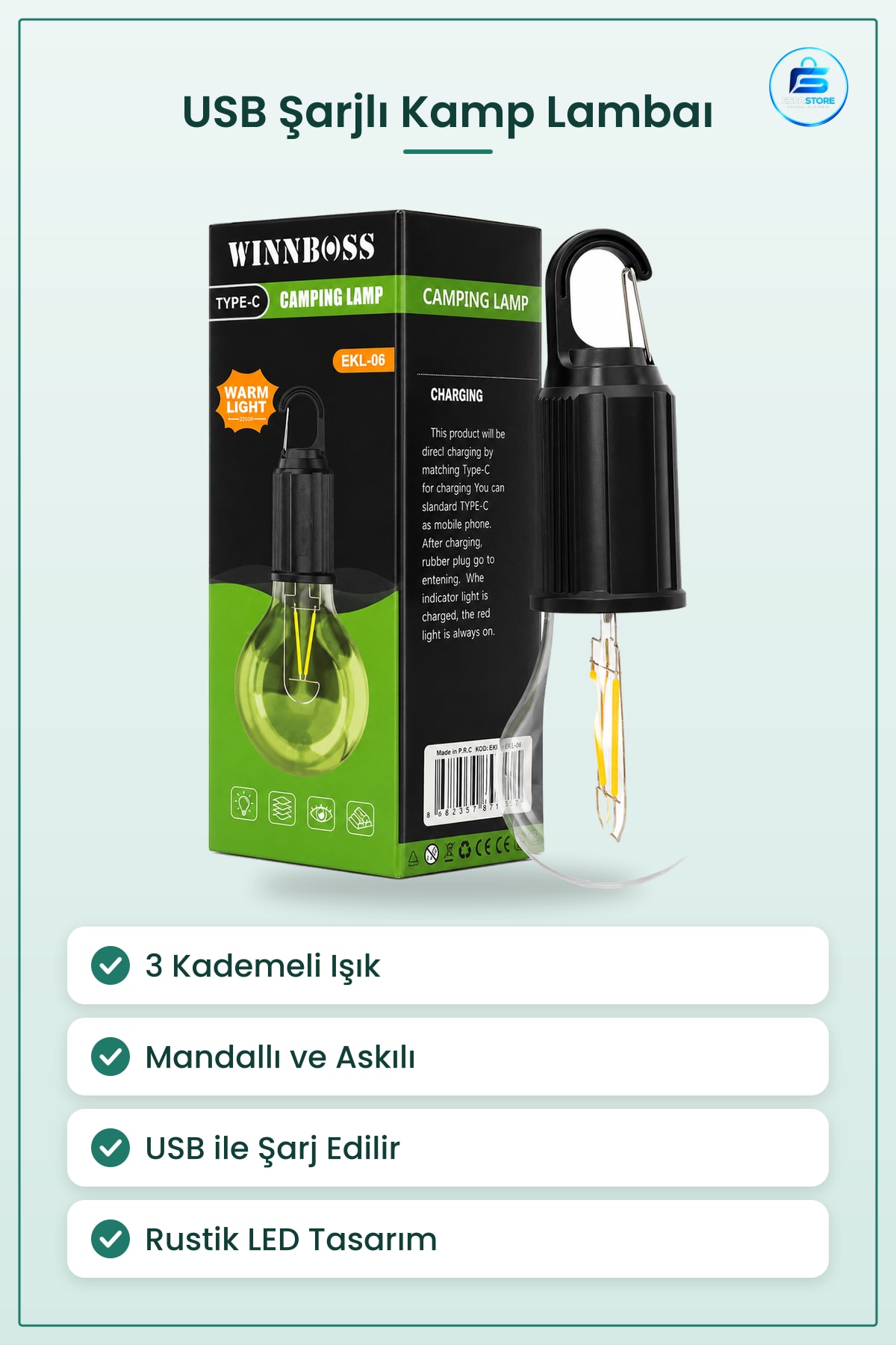 Kamp Lambası USB Şarjlı 3 Kademe Mandallı Askılı Rustik LED Asılabilir Çadır Bahçe Aydınlatma