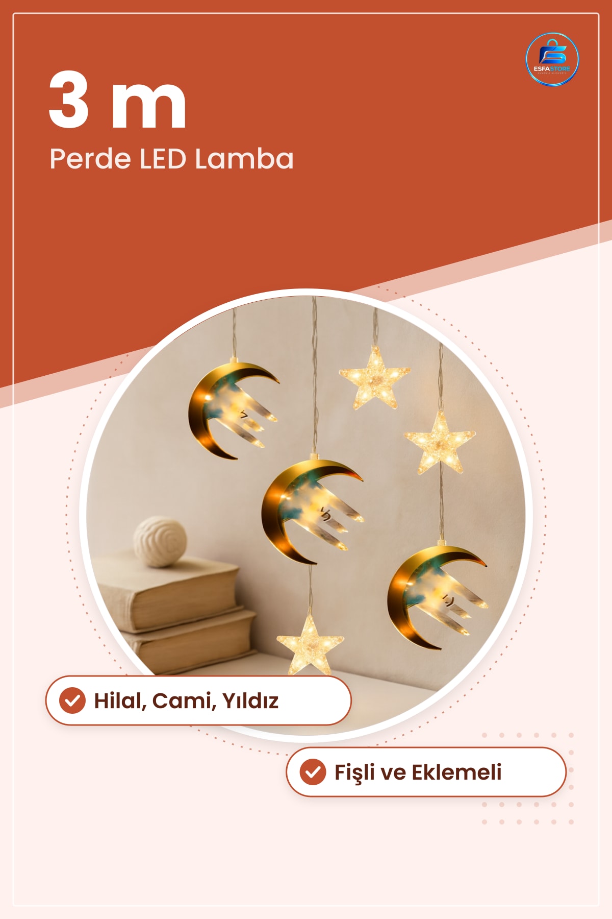 LED Işık Ramazan Perde Lamba 3m Hilal Cami Yıldız Fişli Eklemeli Dekoratif Aydınlatma Pencere Süsü