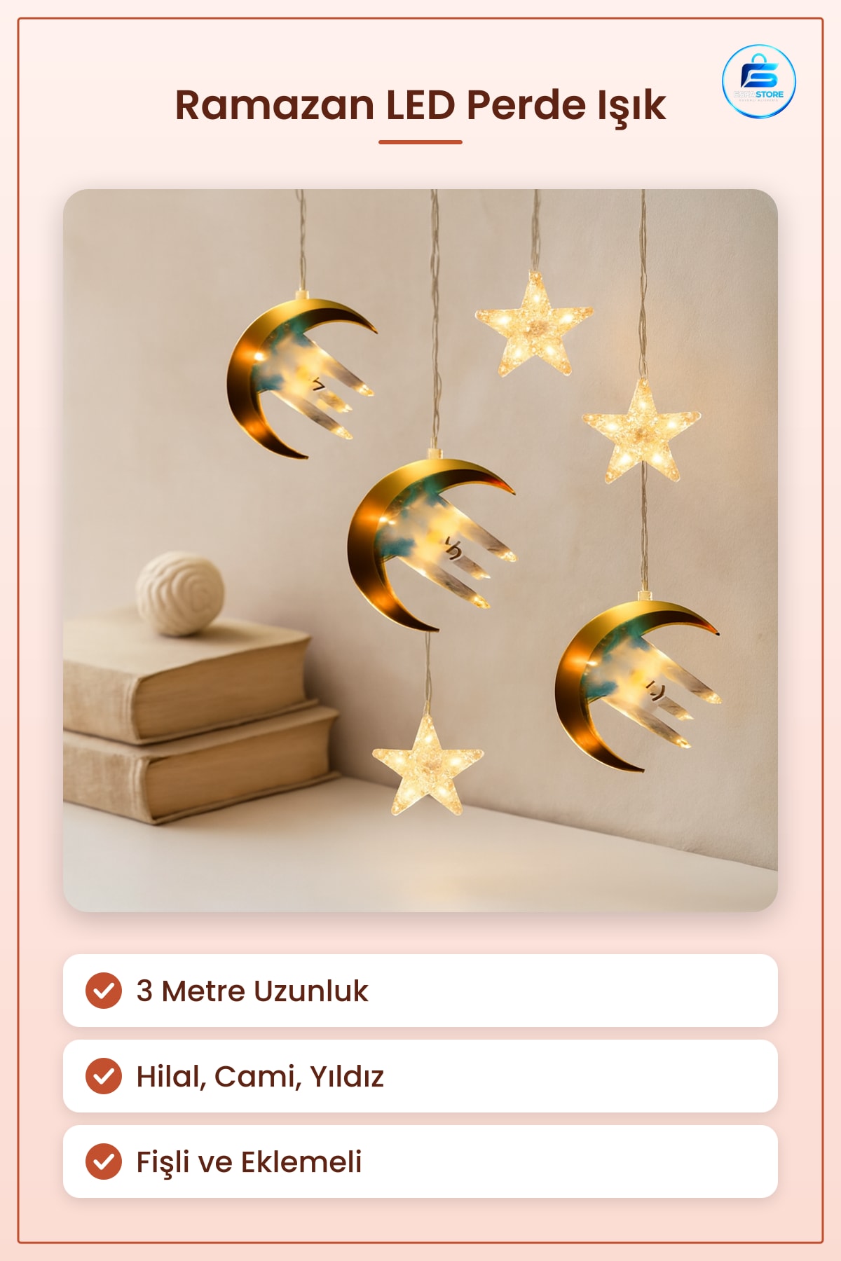 LED Işık Ramazan Perde Lamba 3m Hilal Cami Yıldız Fişli Eklemeli Dekoratif Aydınlatma Pencere Süsü