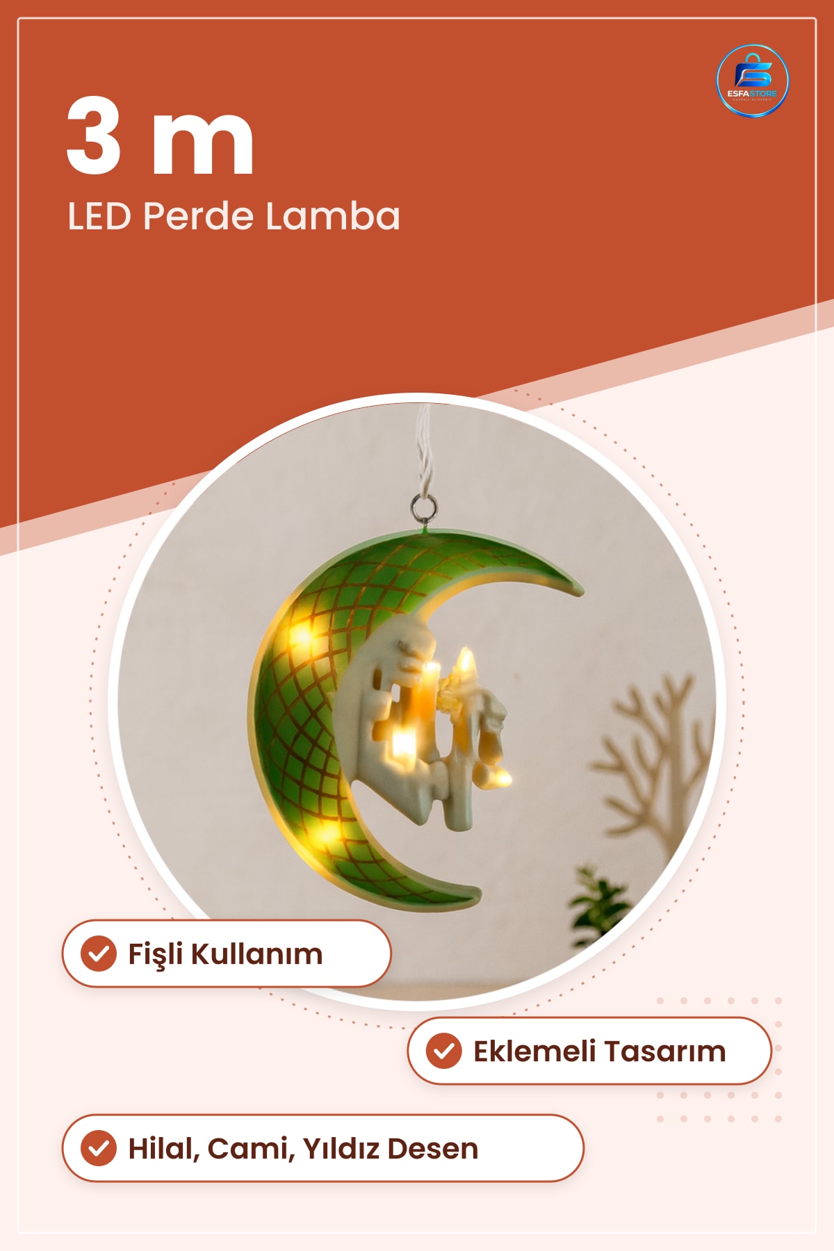 Ramazan LED Perde Lamba 3m Fişli Eklemeli Yeşil Hilal Cami Yıldız Dekoratif Işık Süsü Ev Dekoru