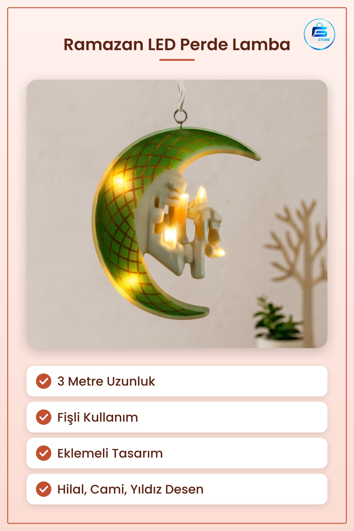 Ramazan LED Perde Lamba 3m Fişli Eklemeli Yeşil Hilal Cami Yıldız Dekoratif Işık Süsü Ev Dekoru