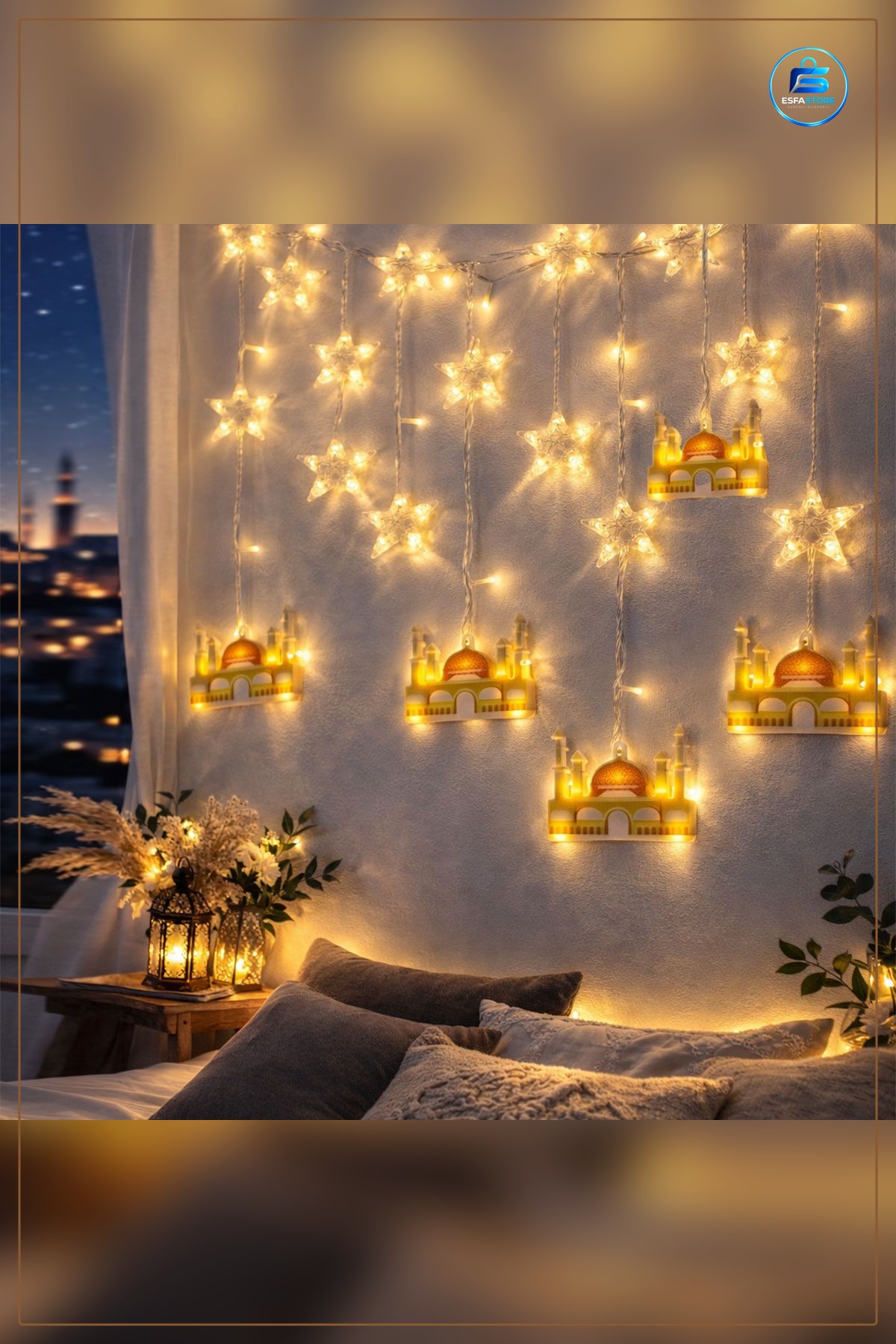 LED Perde Lamba 3m Fişli Eklemeli Ramazan Dekoru Sarı Cami ve Yıldız Dekoratif Obje Sıcak Işık