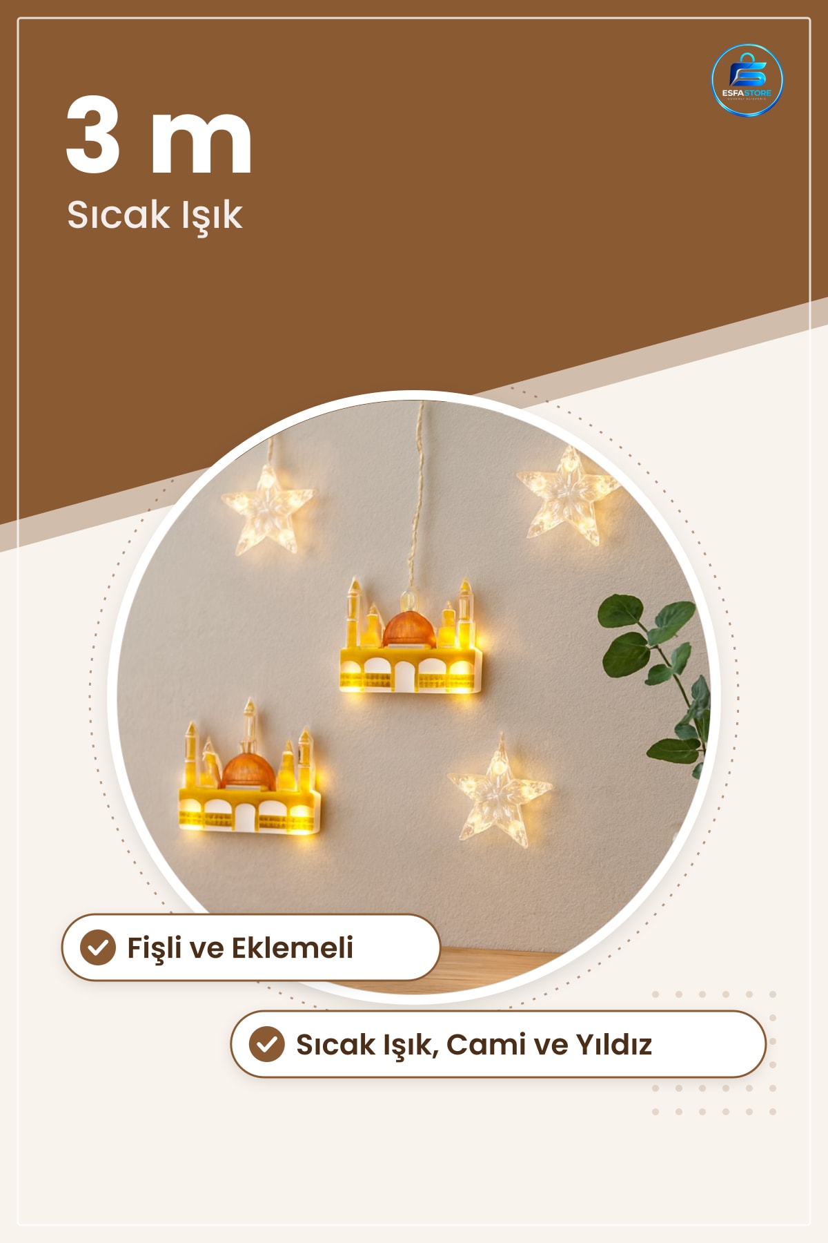 LED Perde Lamba 3m Fişli Eklemeli Ramazan Dekoru Sarı Cami ve Yıldız Dekoratif Obje Sıcak Işık