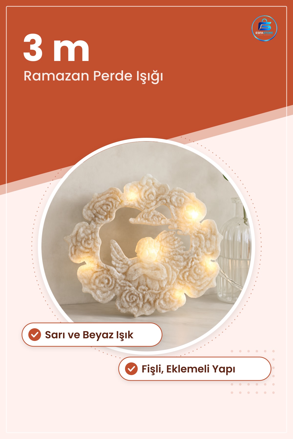 Led Işık Ramazan Perde 3m Camii ve Yıldız Sarı Beyaz Fişli Pencere Dekor İftar Süsleme