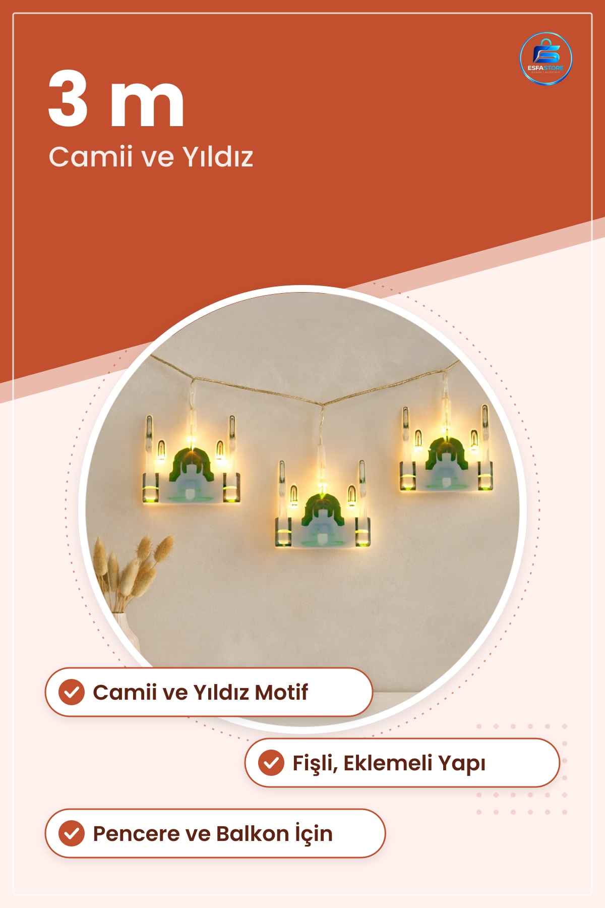 LED Işık Ramazan Perde Camii Yıldız 3m Fişli Eklemeli Pencere Dekoratif Aydınlatma Süsü