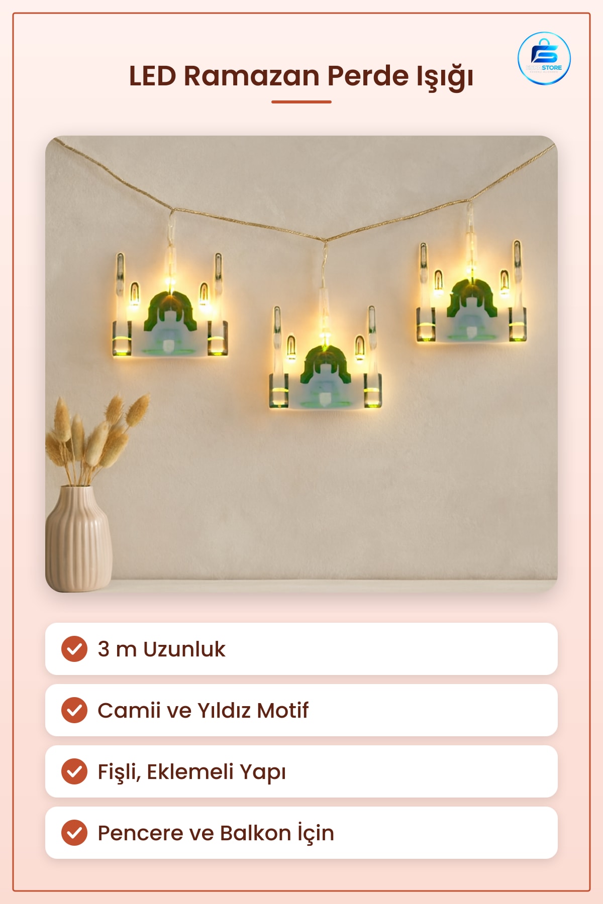 LED Işık Ramazan Perde Camii Yıldız 3m Fişli Eklemeli Pencere Dekoratif Aydınlatma Süsü