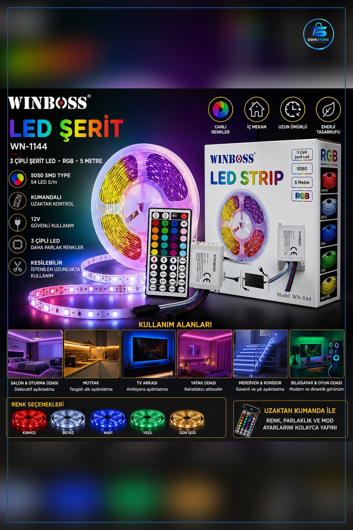 RGB Şerit Işık 5m 54 LED/m SMD 3 Çipli Kumandalı Akıllı Aydınlatma Ev Dekorasyonu
