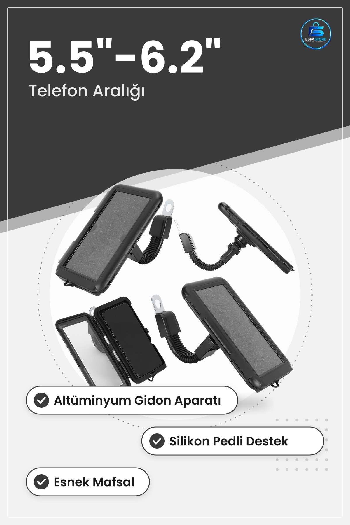 Motosiklet Smart Bar Telefon Tutucu 5.5 6.2 inç Altüminyum Gidon Silikon Pedli Esnek Mafsal