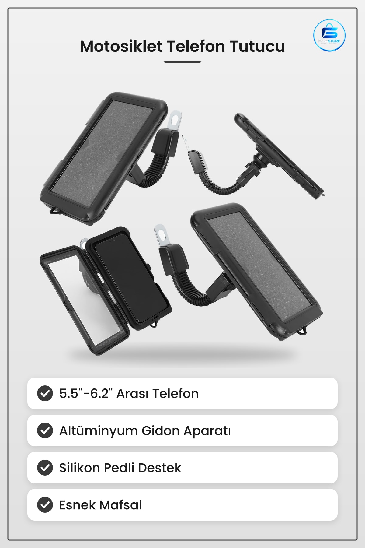 Motosiklet Smart Bar Telefon Tutucu 5.5 6.2 inç Altüminyum Gidon Silikon Pedli Esnek Mafsal