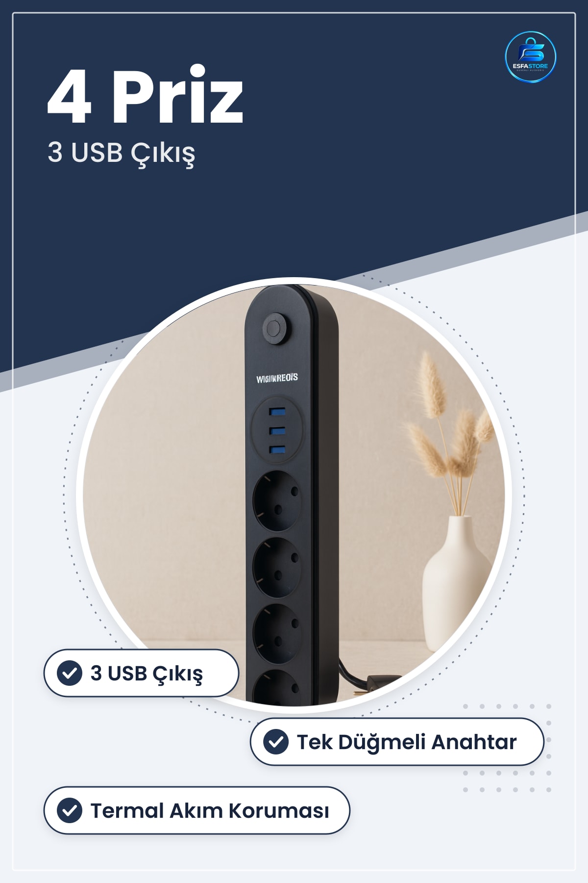 Termal Akım Korumalı Uzatma Kablosu 4 Priz 3 USB Anahtarlı Siyah Ev Ofis Masaüstü Şarj İstasyonu