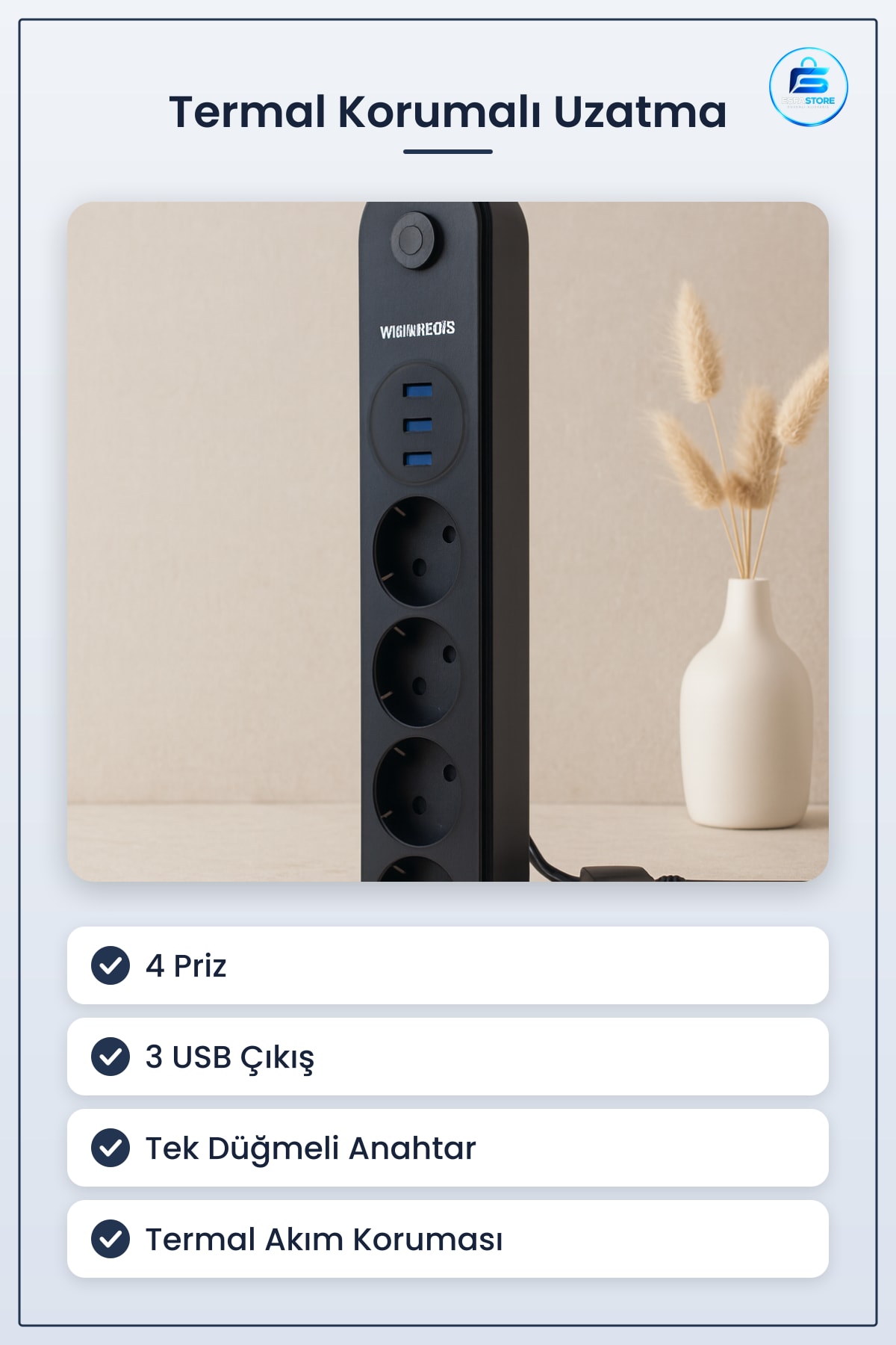 Termal Akım Korumalı Uzatma Kablosu 4 Priz 3 USB Anahtarlı Siyah Ev Ofis Masaüstü Şarj İstasyonu