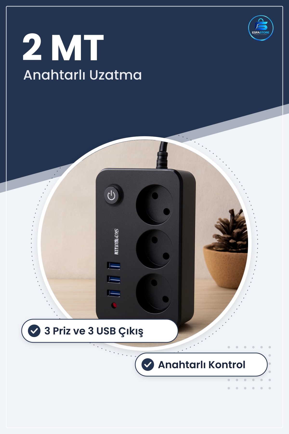 Grup Priz Uzatma Kablosu 3 Prizli USB Anahtarlı Termal Akım Korumalı Siyah 2MT Ev Ofis