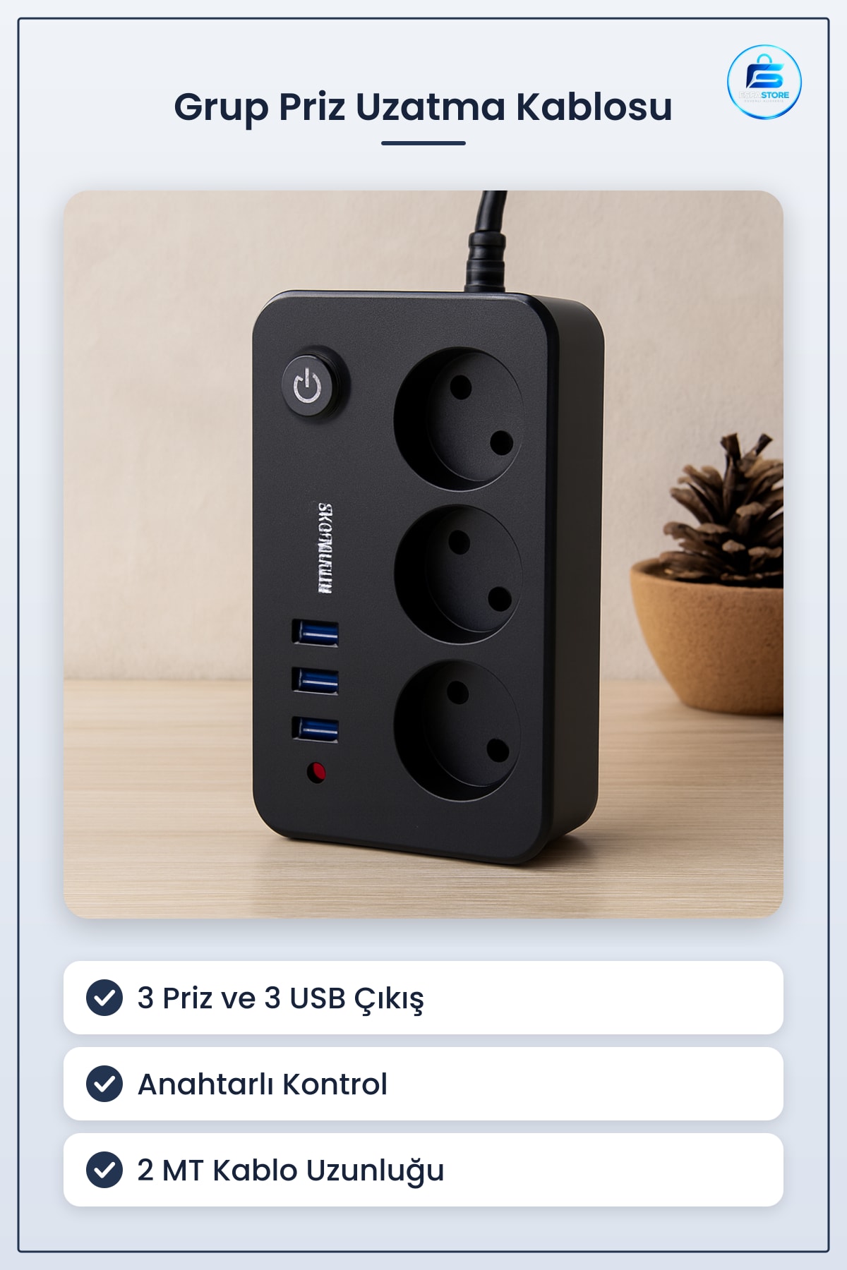 Grup Priz Uzatma Kablosu 3 Prizli USB Anahtarlı Termal Akım Korumalı Siyah 2MT Ev Ofis