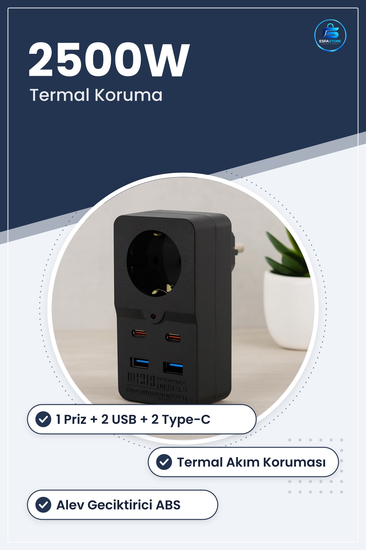 Duvar Prizi 1 Priz 2 USB Type C Siyah Termal Akım Korumalı Hızlı Şarj Ev ve Ofis Kullanımı