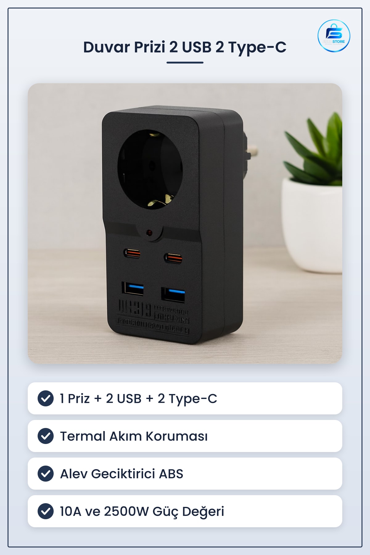 Duvar Prizi 1 Priz 2 USB Type C Siyah Termal Akım Korumalı Hızlı Şarj Ev ve Ofis Kullanımı