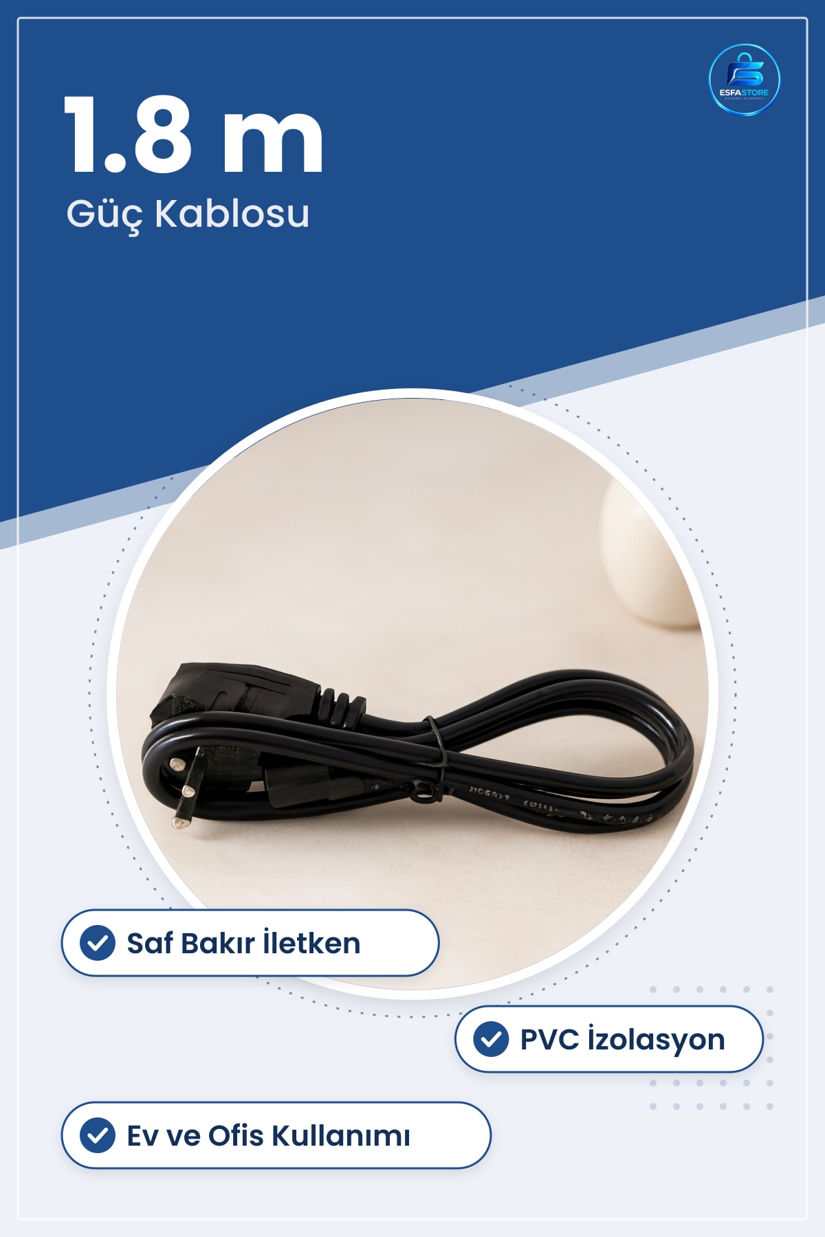 Güç Kablosu Erkek Fiş 1.8 m Bilgisayar Monitör Yazıcı UPS Adaptör Bağlantı Siyah Bakır Ofis Ev