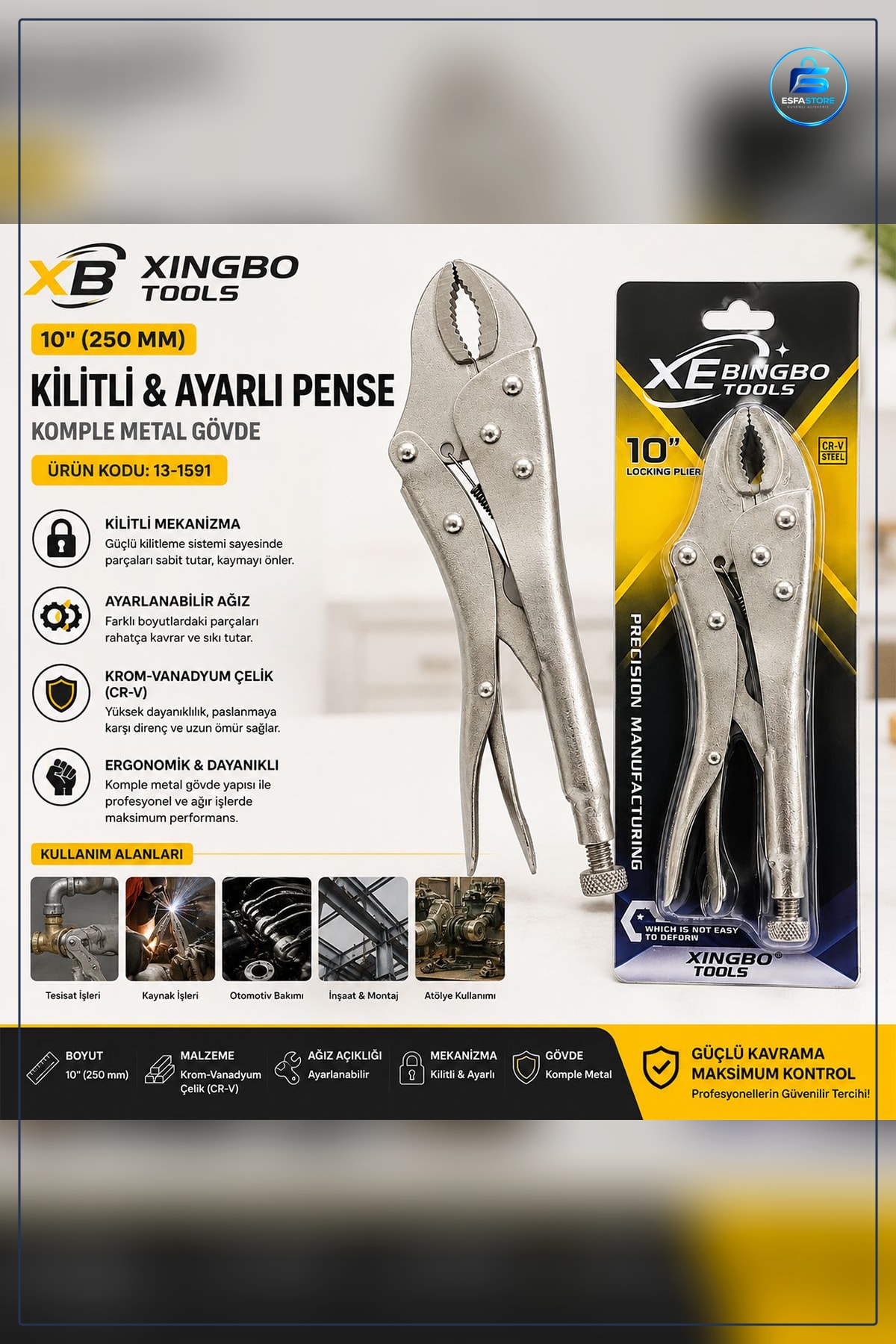 Kilitli Ayarlı Pense 250 mm Krom Kaplama Komple Metal Tamir Montaj Atölye Hırdavat Aleti