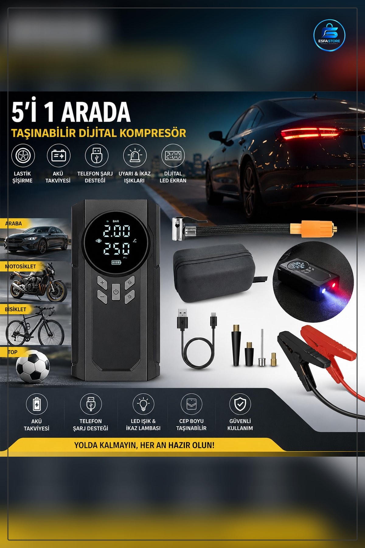 Araç Kompresörü 4 in 1 Akü Takviyeli 12V Dijital Ekranlı Lastik Şişirme Pompası Powerbank Fener