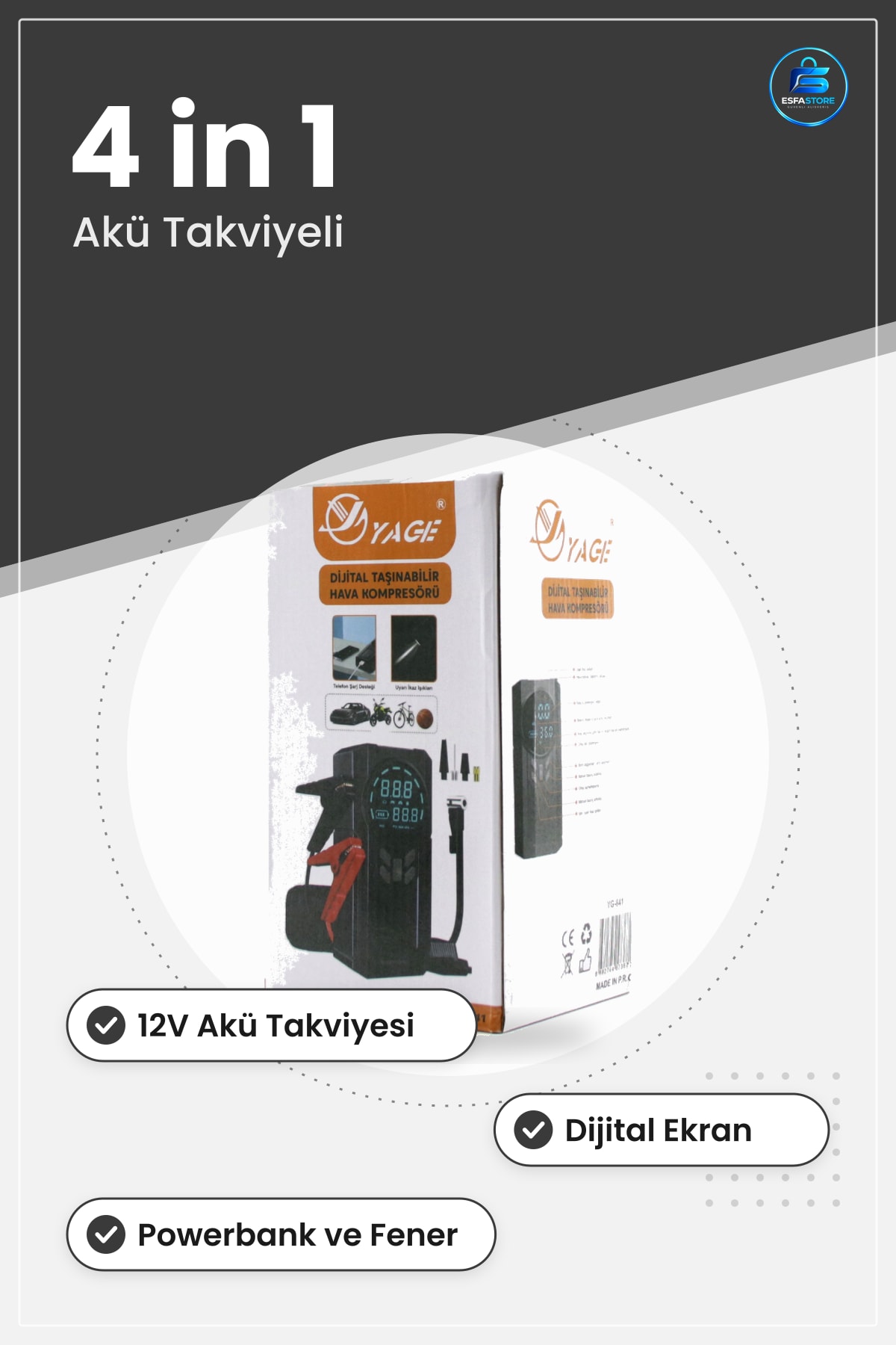 Araç Kompresörü 4 in 1 Akü Takviyeli 12V Dijital Ekranlı Lastik Şişirme Pompası Powerbank Fener