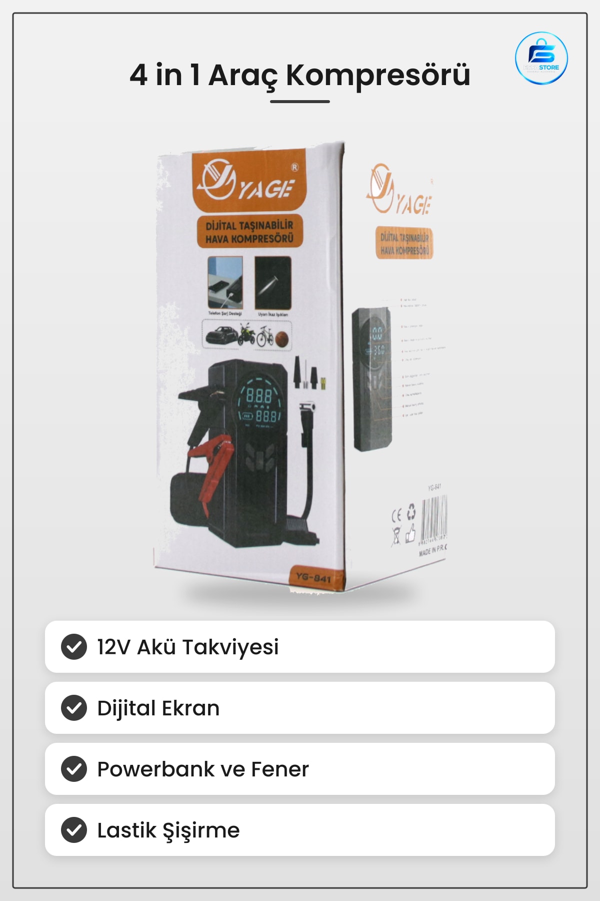 Araç Kompresörü 4 in 1 Akü Takviyeli 12V Dijital Ekranlı Lastik Şişirme Pompası Powerbank Fener