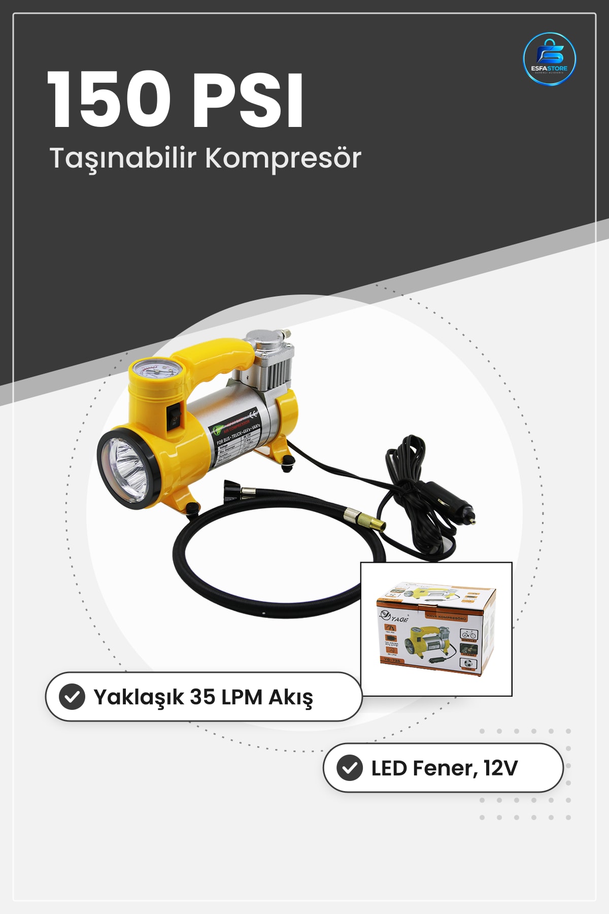 Araç Kompresörü 12V 150PSI LPM LED Fenerli Taşınabilir Lastik Şişirme Pompası Oto Hava