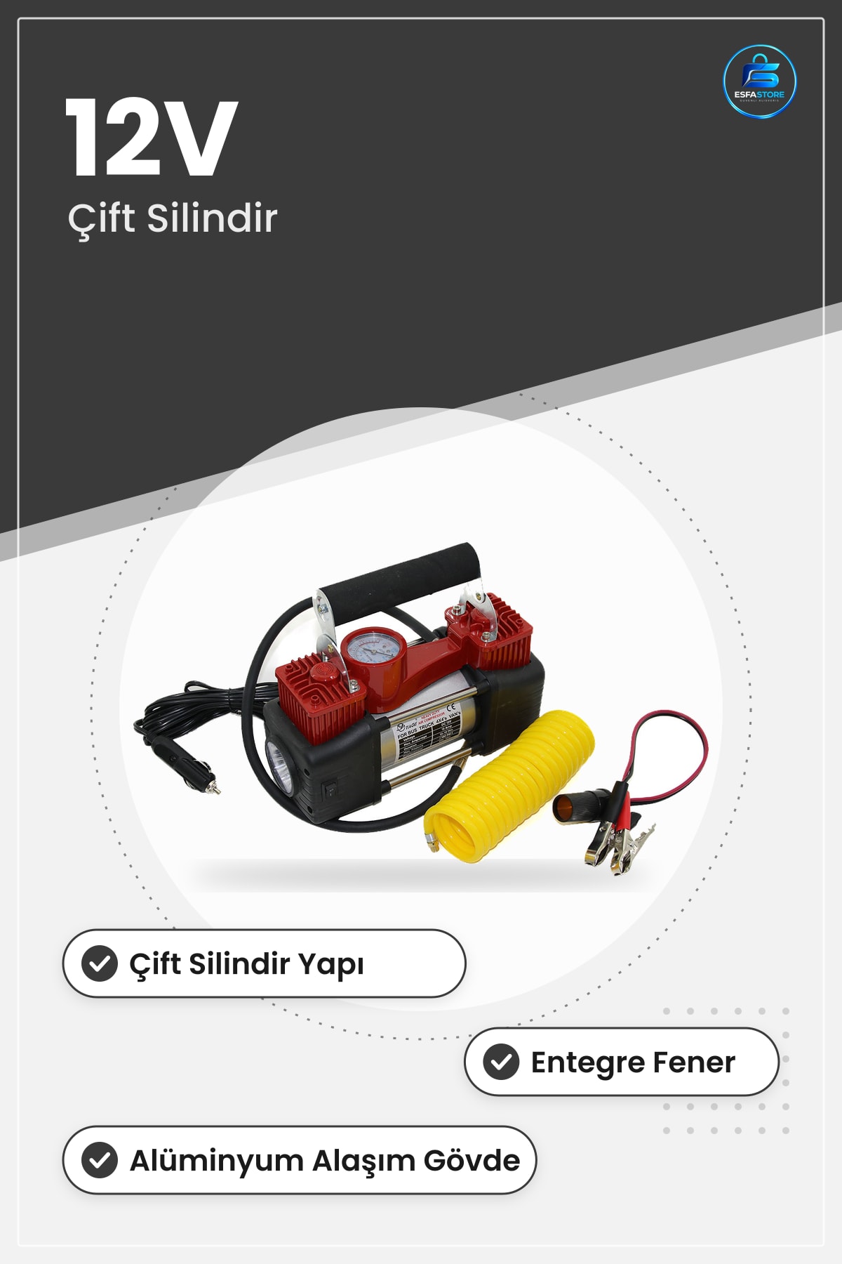 Araç Kompresörü 12V Çift Silindir 150 PSI Fenerli Bar Göstergeli Oto Lastik Şışirme Motosiklet